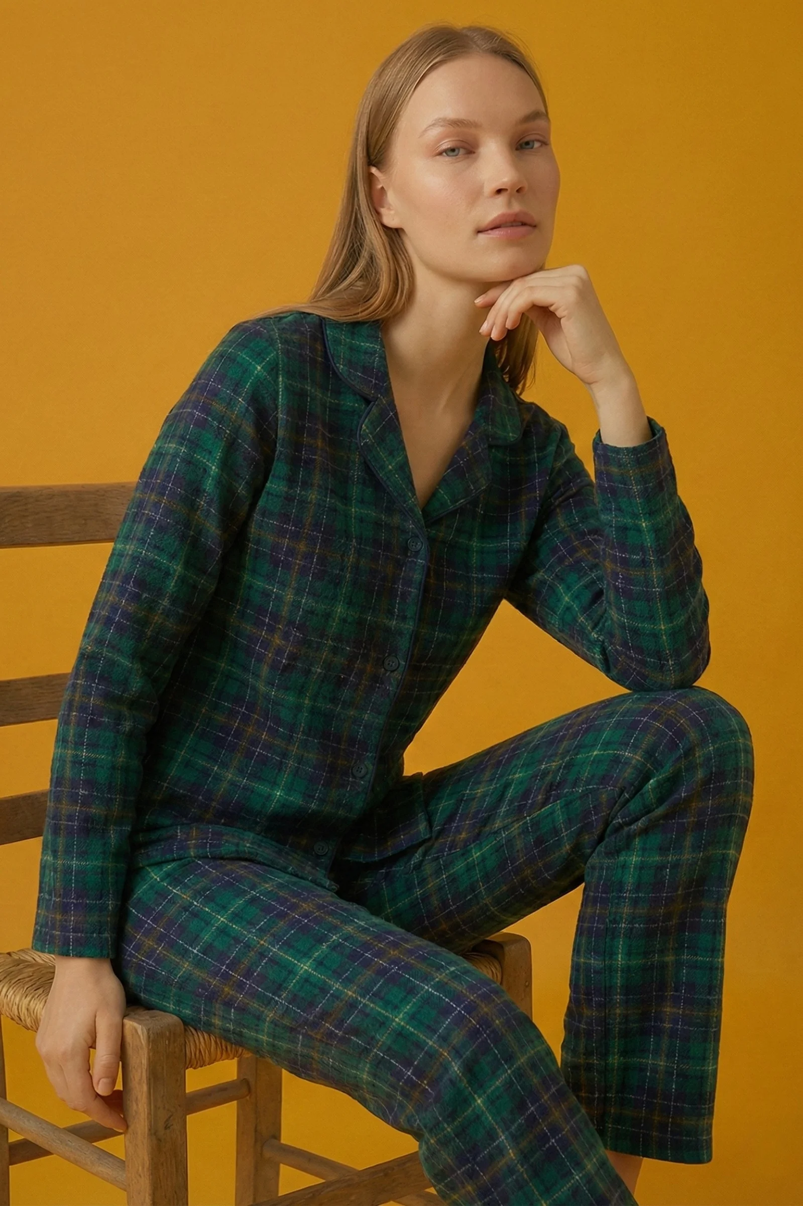 Dreamy Christmas Pamuklu Süet Yılbaşı Temalı Ekoseli Pijama Takımı, Yeşil Ekose, XXL
