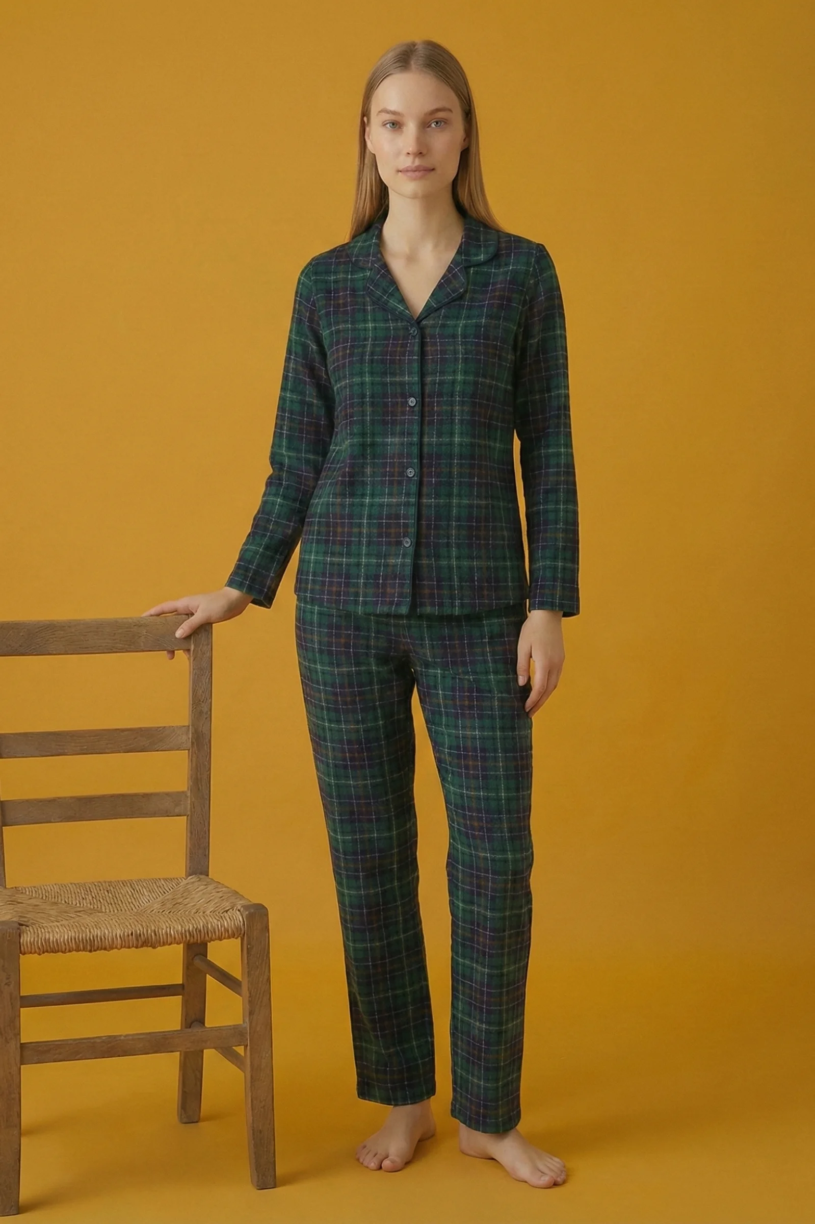 Dreamy Christmas Pamuklu Süet Yılbaşı Temalı Ekoseli Pijama Takımı, Yeşil Ekose, XXL