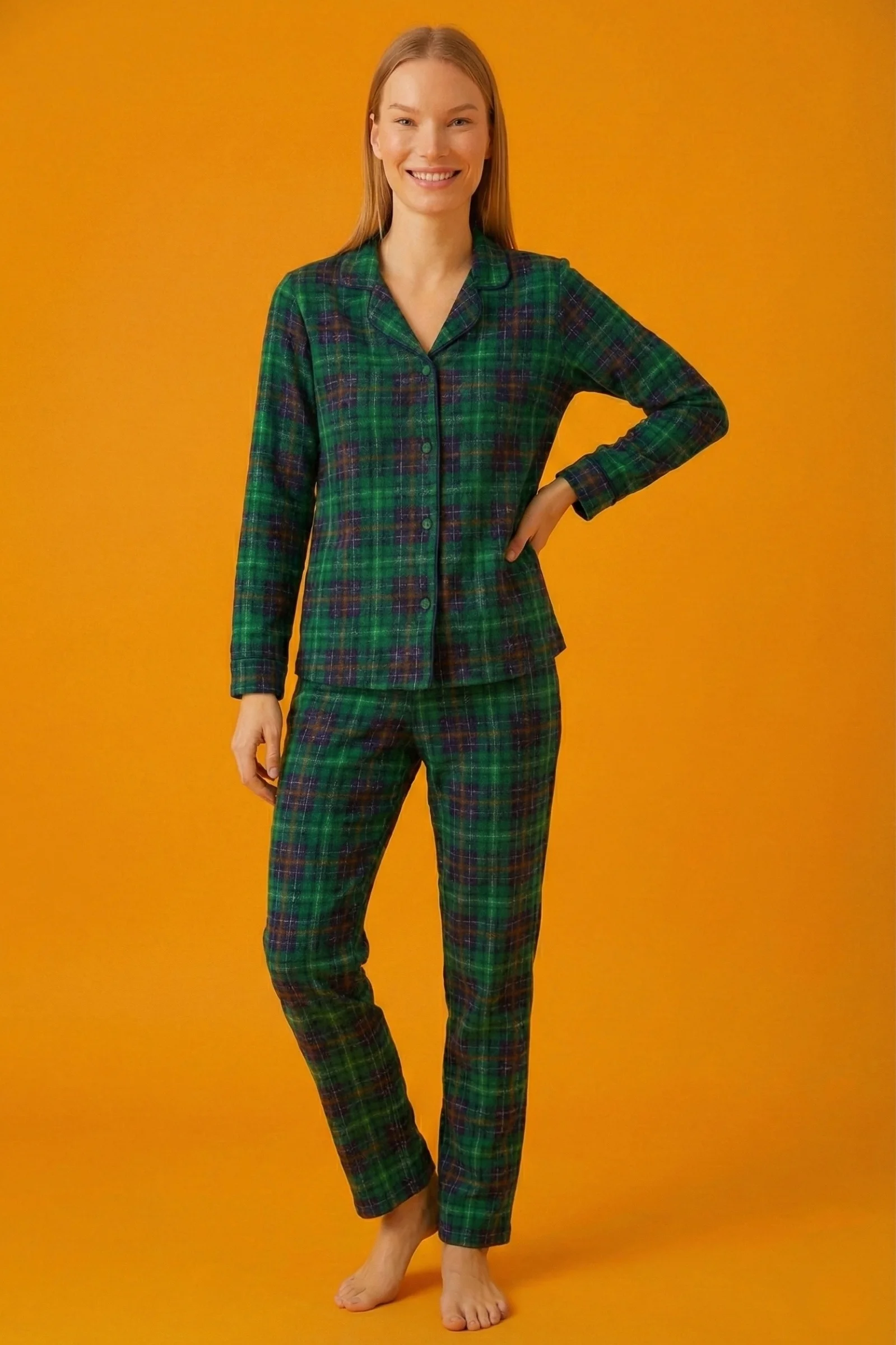 Dreamy Christmas Pamuklu Süet Yılbaşı Temalı Ekoseli Pijama Takımı, Yeşil Ekose, XXL