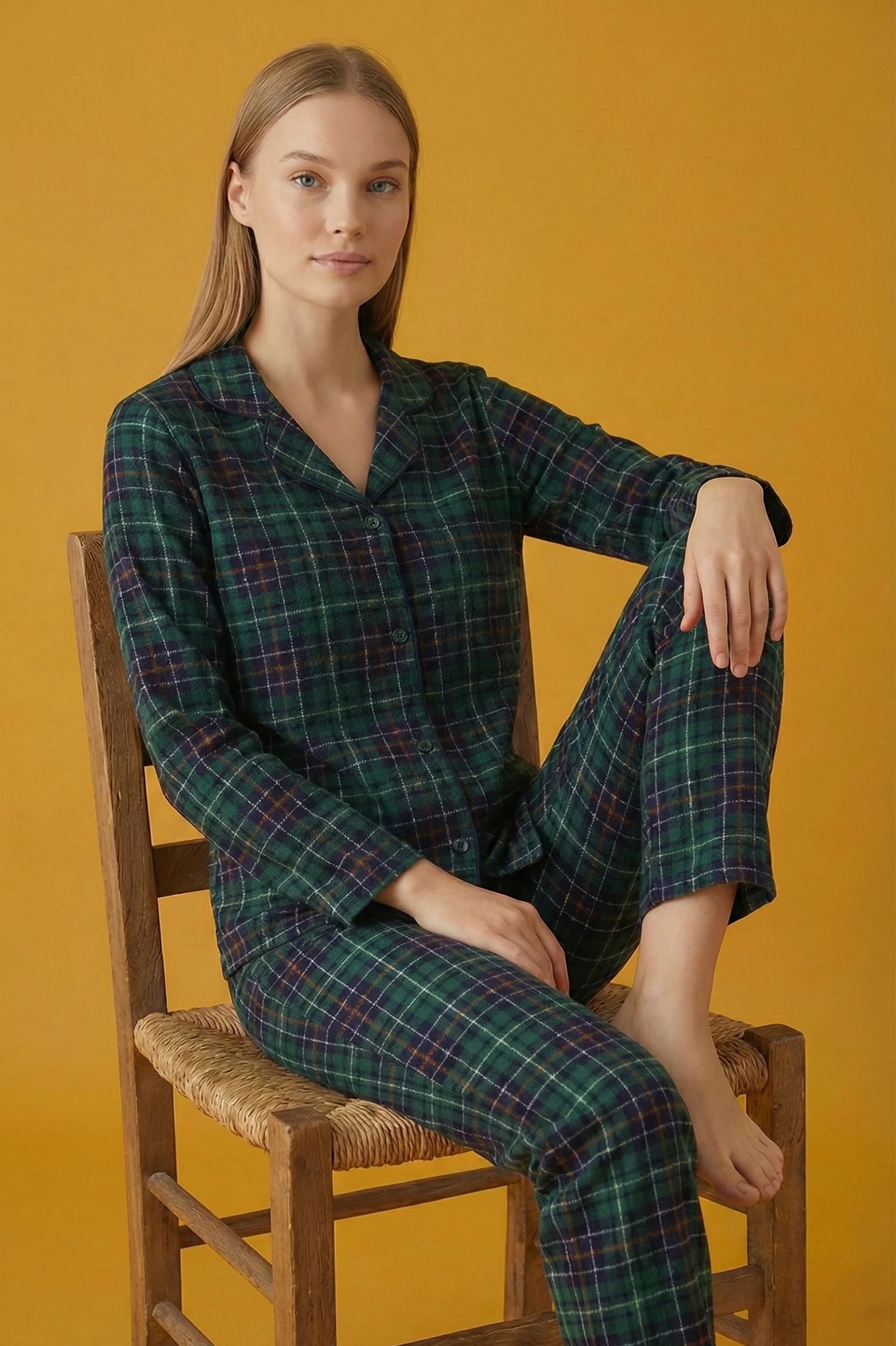 Dreamy Christmas Pamuklu Süet Yılbaşı Temalı Ekoseli Pijama Takımı, Yeşil Ekose, XXL