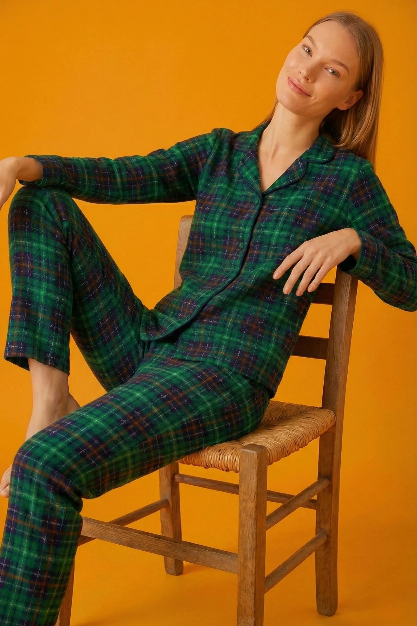 Dreamy Christmas Pamuklu Süet Yılbaşı Temalı Ekoseli Pijama Takımı, Yeşil Ekose, XXL