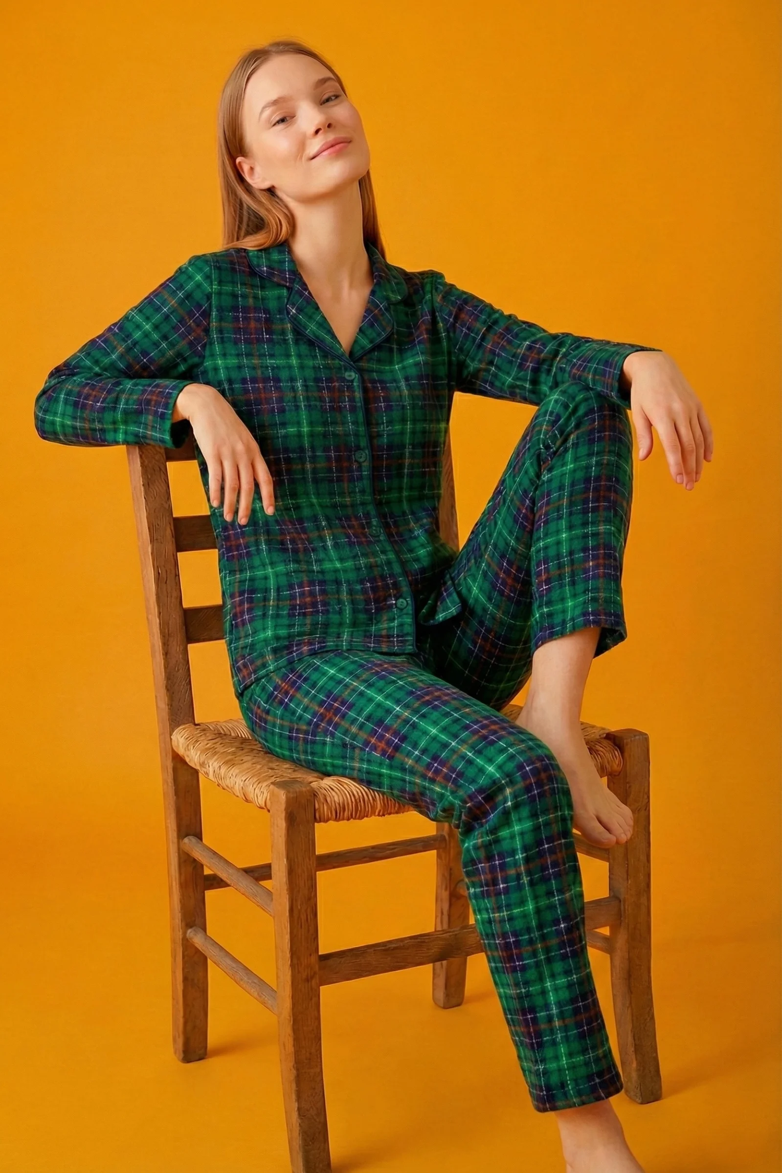 Dreamy Christmas Pamuklu Süet Yılbaşı Temalı Ekoseli Pijama Takımı, Yeşil Ekose, XXL