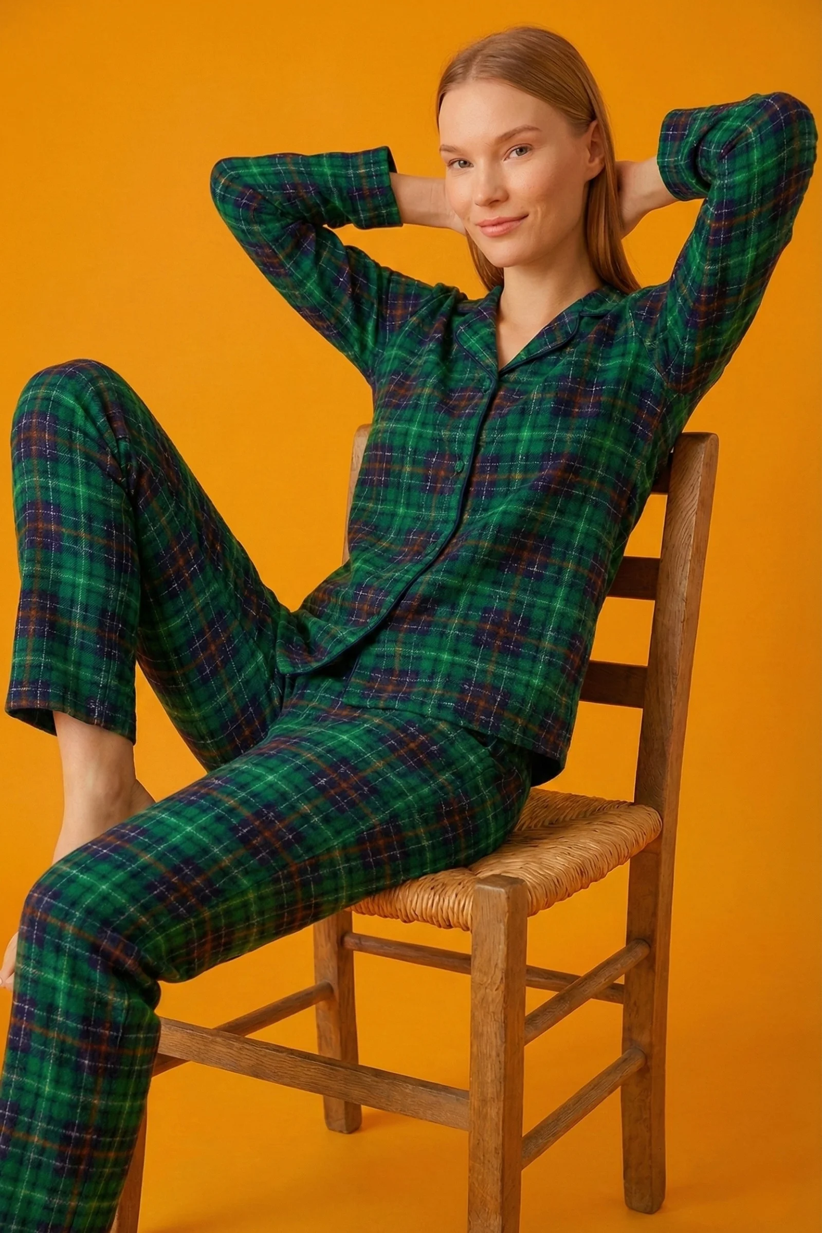 Dreamy Christmas Pamuklu Süet Yılbaşı Temalı Ekoseli Pijama Takımı, Yeşil Ekose, XXL
