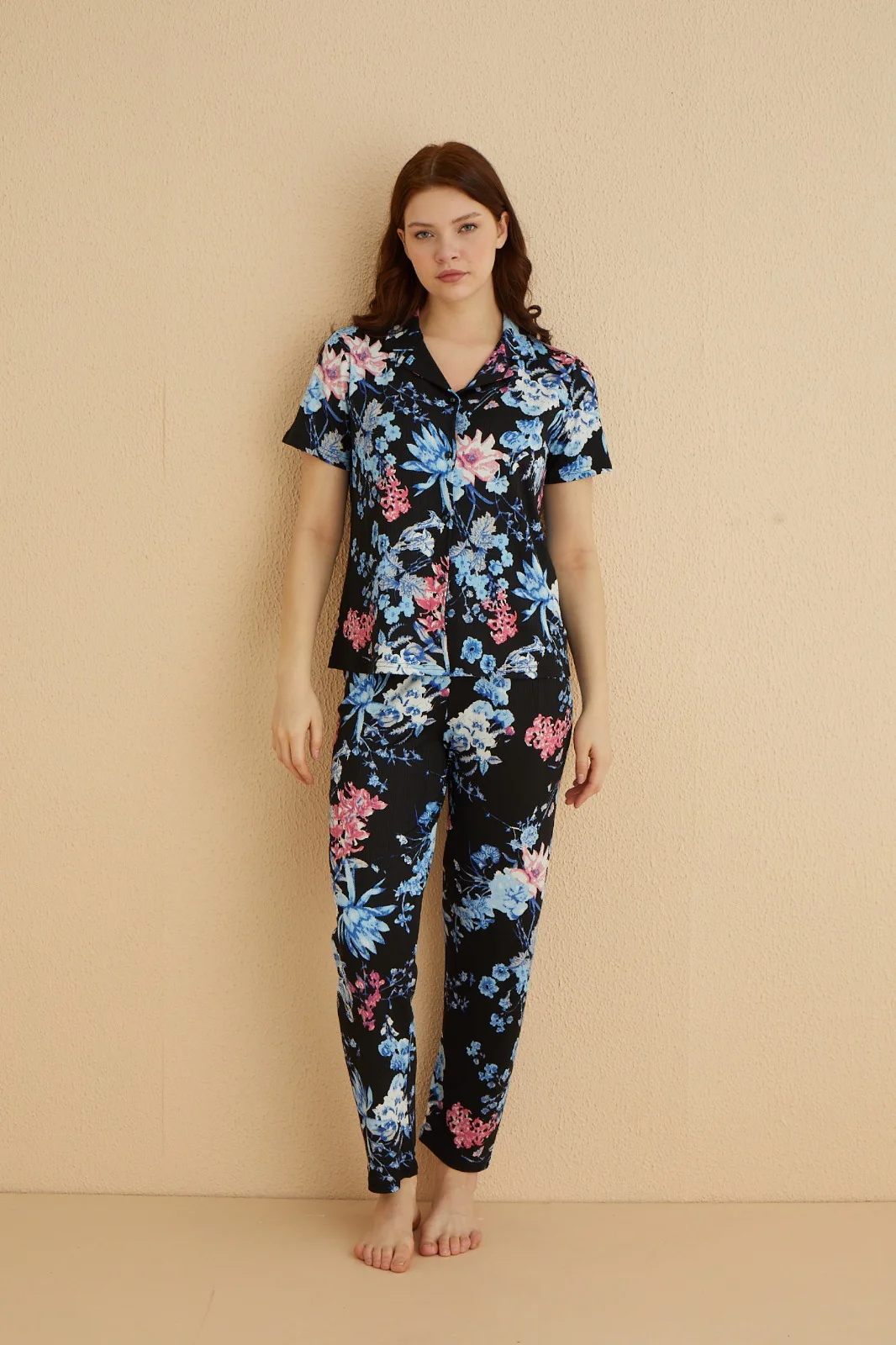 Dreamy Çiçekli Önden Düğmeli Kısa Kollu Pegasus Gömlek Pijama Takımı, Lacivert, S/M Fiyatı, Yorumları ve Özellikleri