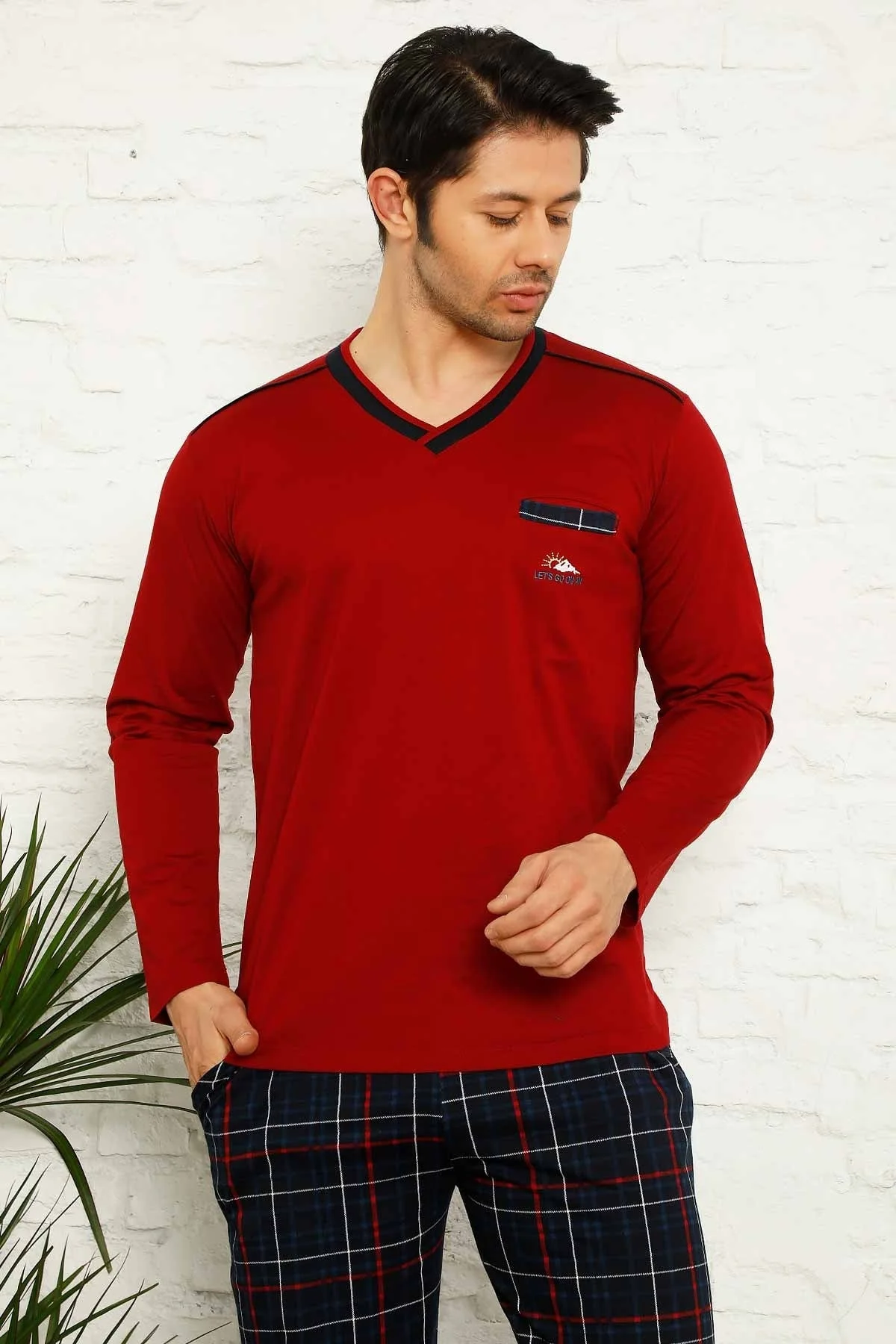 Dreamy Ekoseli Kısa Kollu V Yaka Cepli Erkek Pijama Takımı, Kırmızı Lacivert, XXL Fiyatı, Yorumları ve Özellikleri