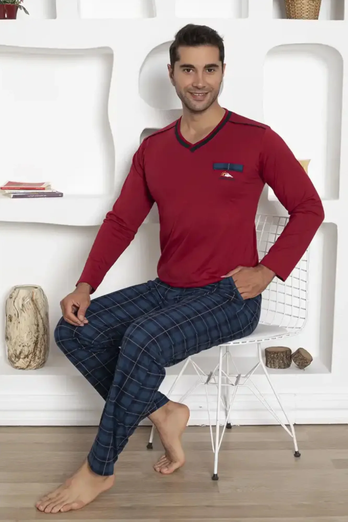 Dreamy Ekoseli Kısa Kollu V Yaka Cepli Erkek Pijama Takımı, Kırmızı Lacivert, XXL Fiyatı, Yorumları ve Özellikleri