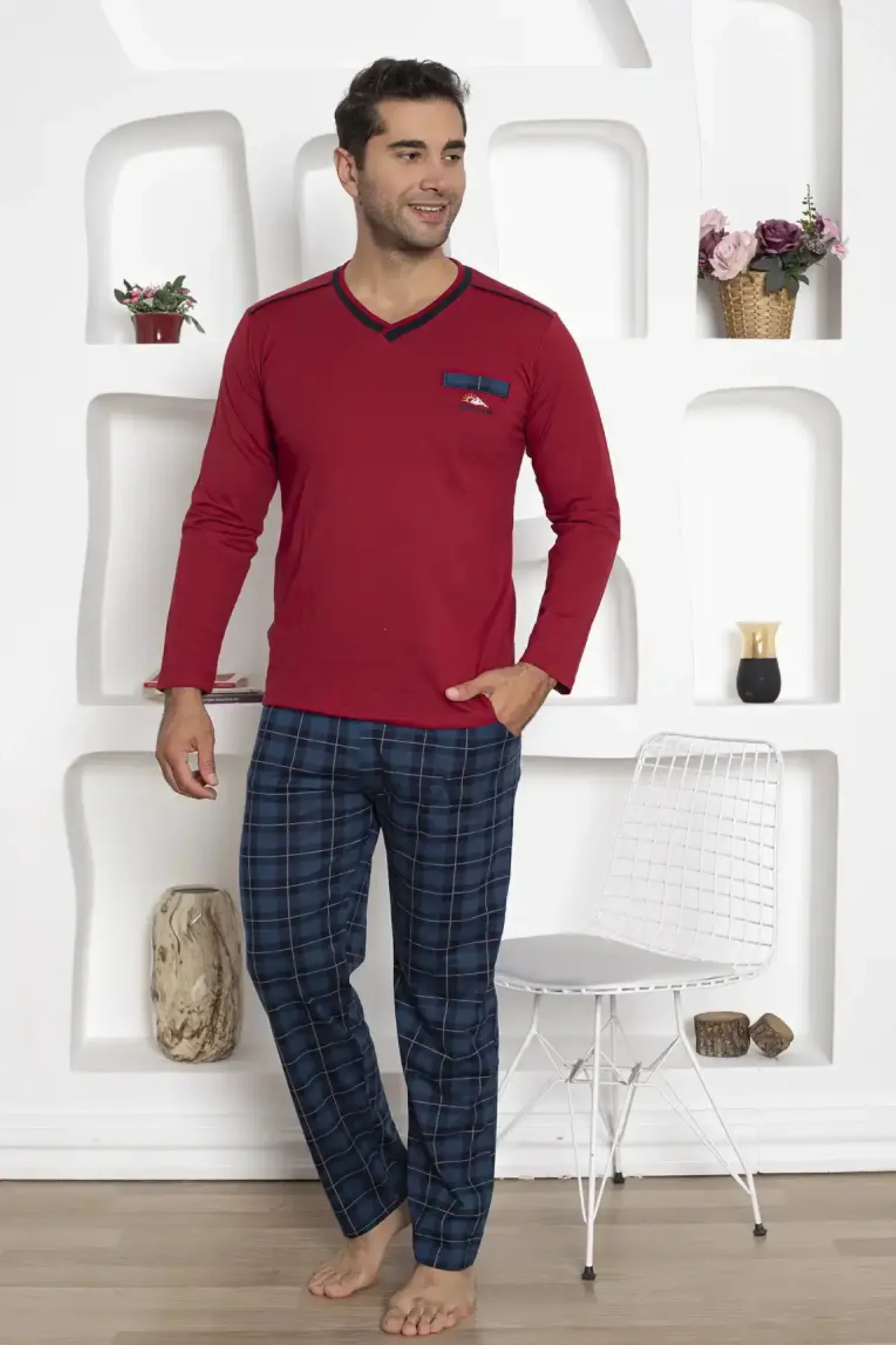 Dreamy Ekoseli Kısa Kollu V Yaka Cepli Erkek Pijama Takımı, Kırmızı Lacivert, XXL Fiyatı, Yorumları ve Özellikleri