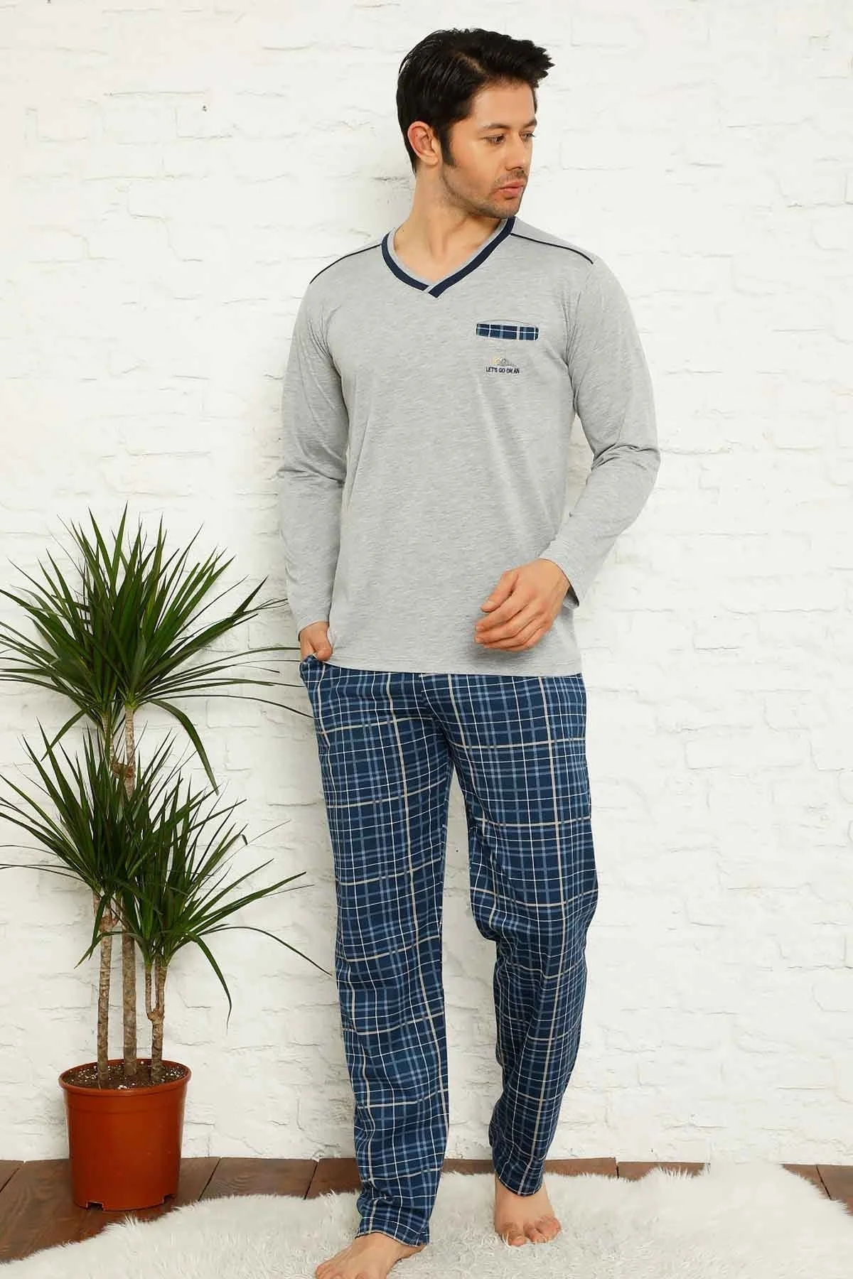 Dreamy Ekoseli Kısa Kollu V Yaka Cepli Erkek Pijama Takımı, Gri - Lacivert, XL Fiyatı, Yorumları ve Özellikleri