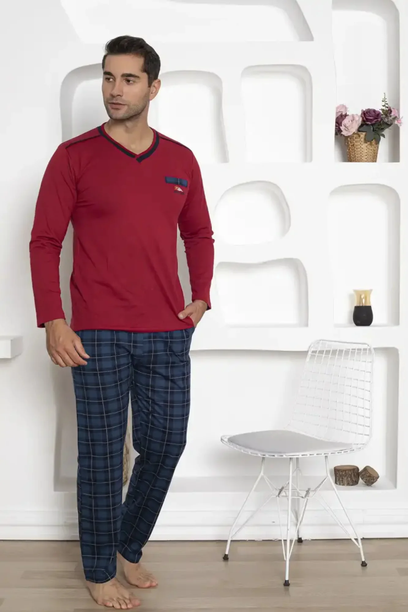 Dreamy Ekoseli Kısa Kollu V Yaka Cepli Erkek Pijama Takımı, Kırmızı Lacivert, XXL Fiyatı, Yorumları ve Özellikleri