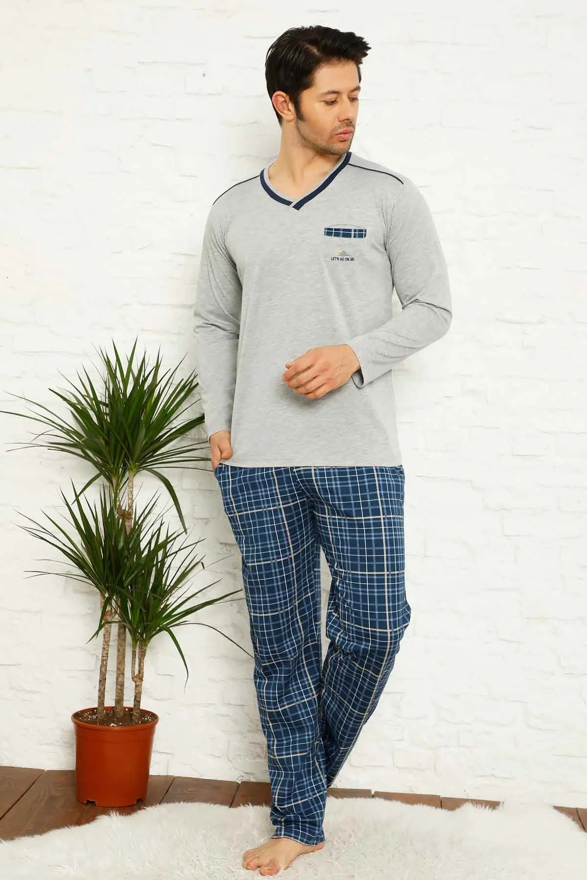 Dreamy Ekoseli Kısa Kollu V Yaka Cepli Erkek Pijama Takımı, Gri - Lacivert, XL Fiyatı, Yorumları ve Özellikleri