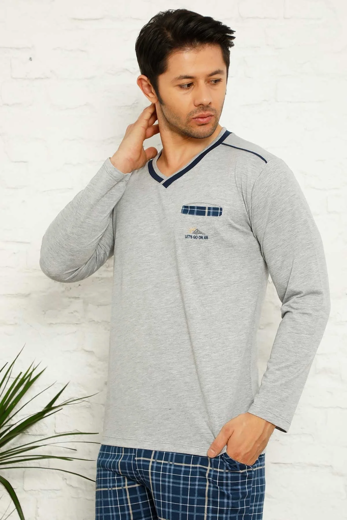 Dreamy Ekoseli Kısa Kollu V Yaka Cepli Erkek Pijama Takımı, Gri - Lacivert, XL Fiyatı, Yorumları ve Özellikleri