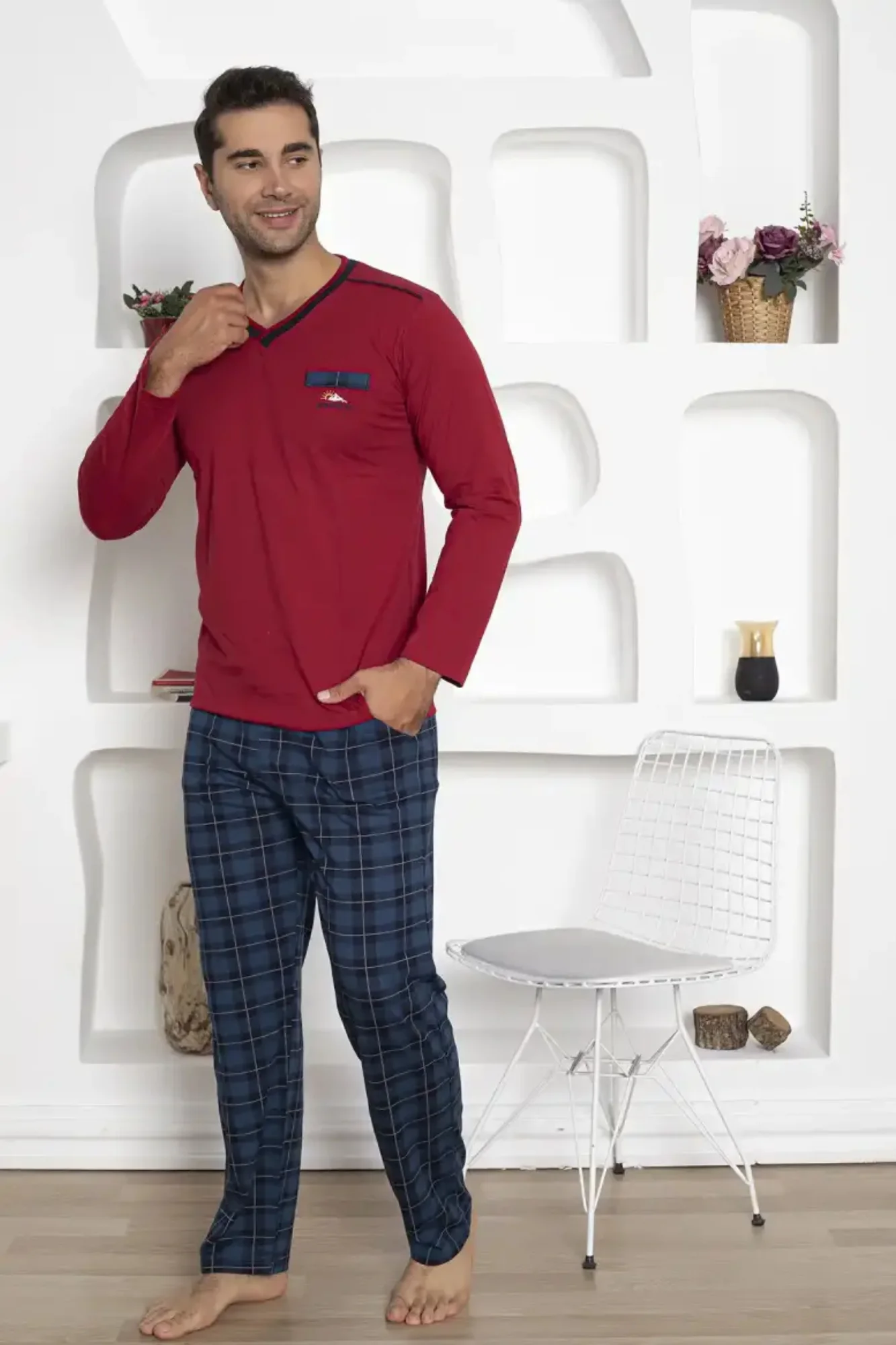 Dreamy Ekoseli Kısa Kollu V Yaka Cepli Erkek Pijama Takımı, Kırmızı Lacivert, XXL Fiyatı, Yorumları ve Özellikleri