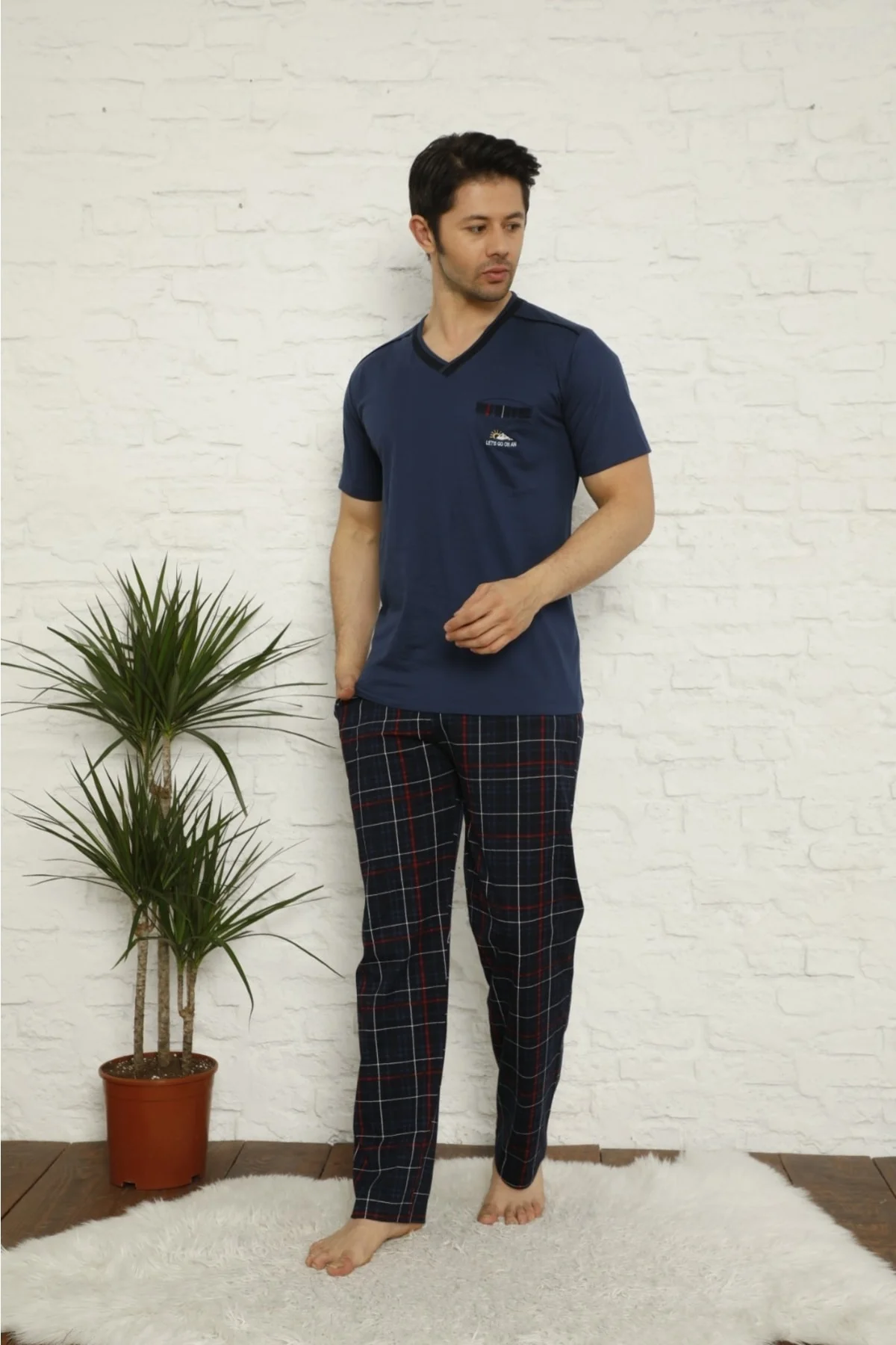 Dreamy Ekoseli Kısa Kollu V Yaka Cepli Erkek Pijama Takımı, İndigo, XL Fiyatı, Yorumları ve Özellikleri