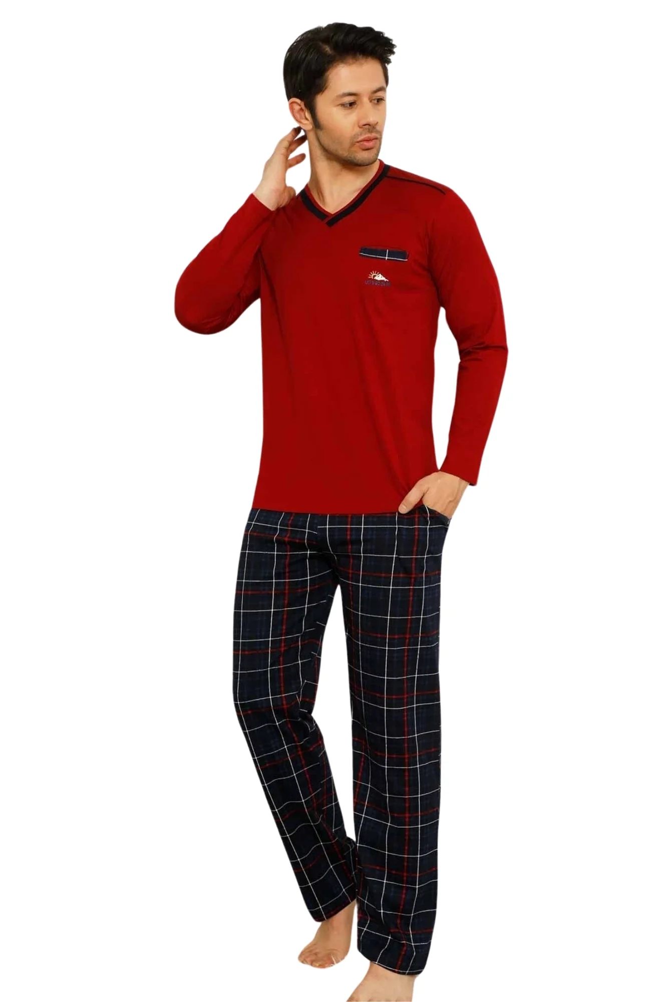 Dreamy Ekoseli Kısa Kollu V Yaka Cepli Erkek Pijama Takımı, Kırmızı Lacivert, XXL Fiyatı, Yorumları ve Özellikleri