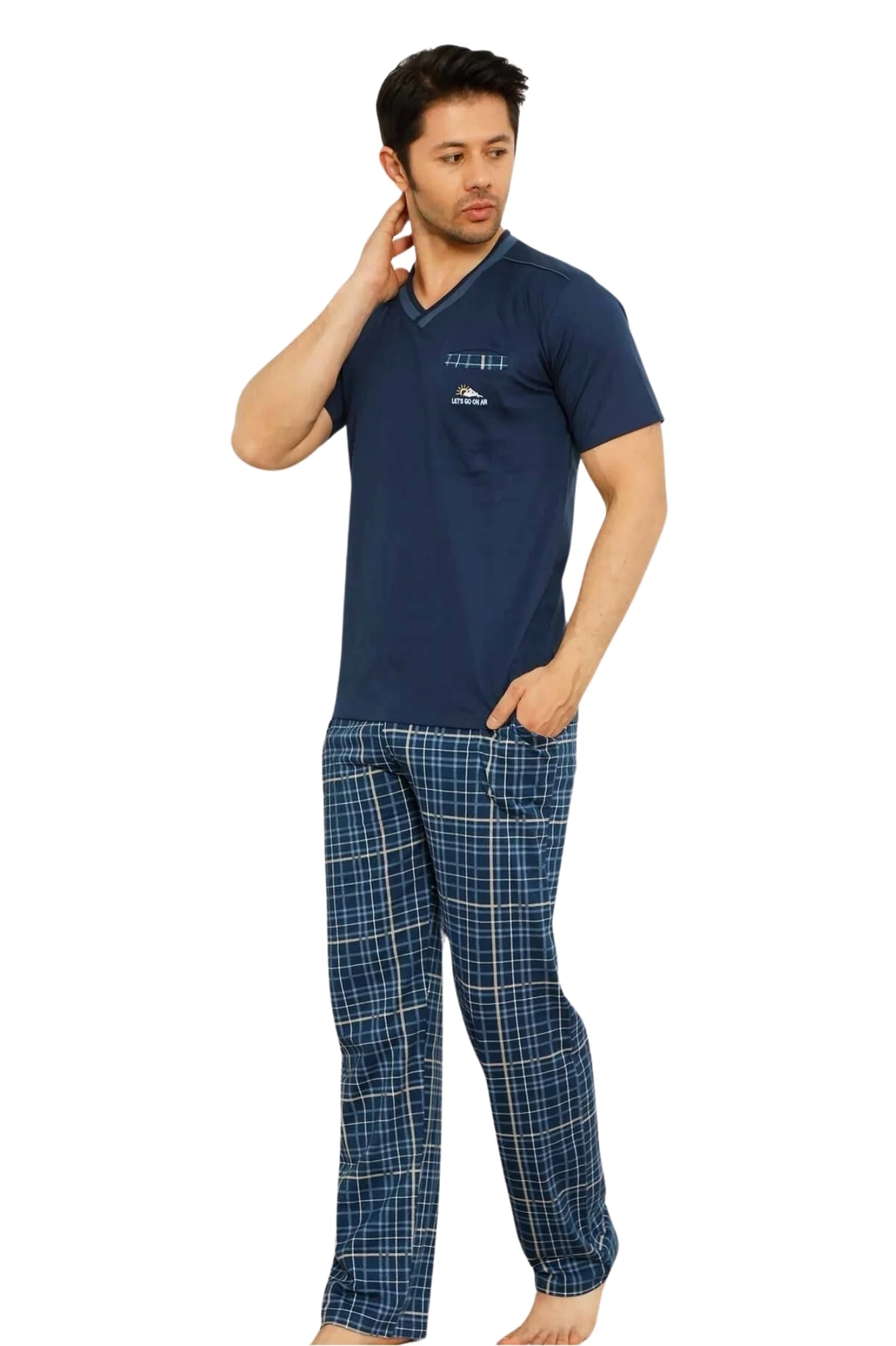 Dreamy Ekoseli Kısa Kollu V Yaka Cepli Erkek Pijama Takımı, İndigo, M Fiyatı, Yorumları ve Özellikleri