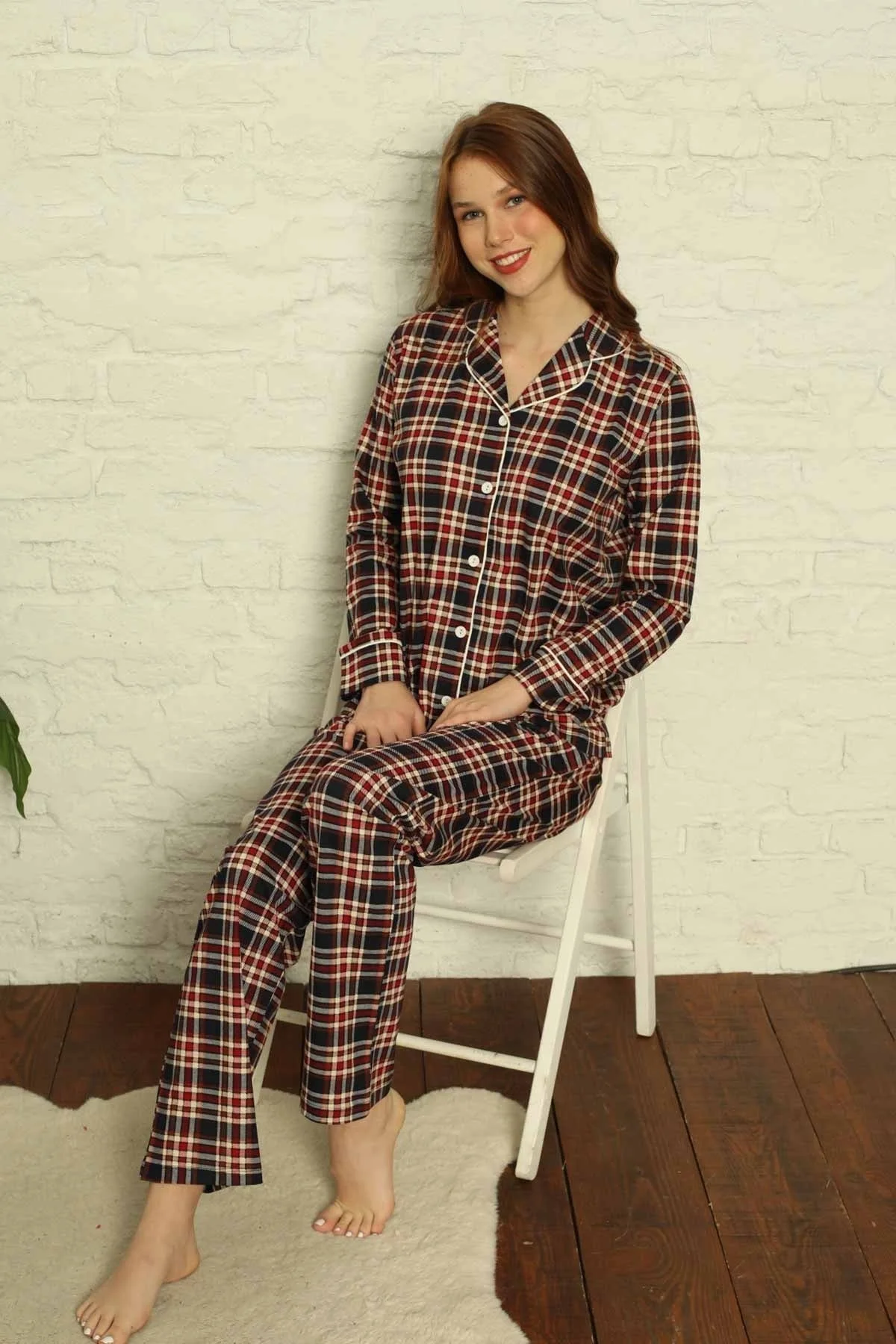 Dreamy Ekoseli Pamuklu Biyeli  Uzun Kollu Gömlek Pijama Takımı, Ekose, M Fiyatı, Yorumları ve Özellikleri