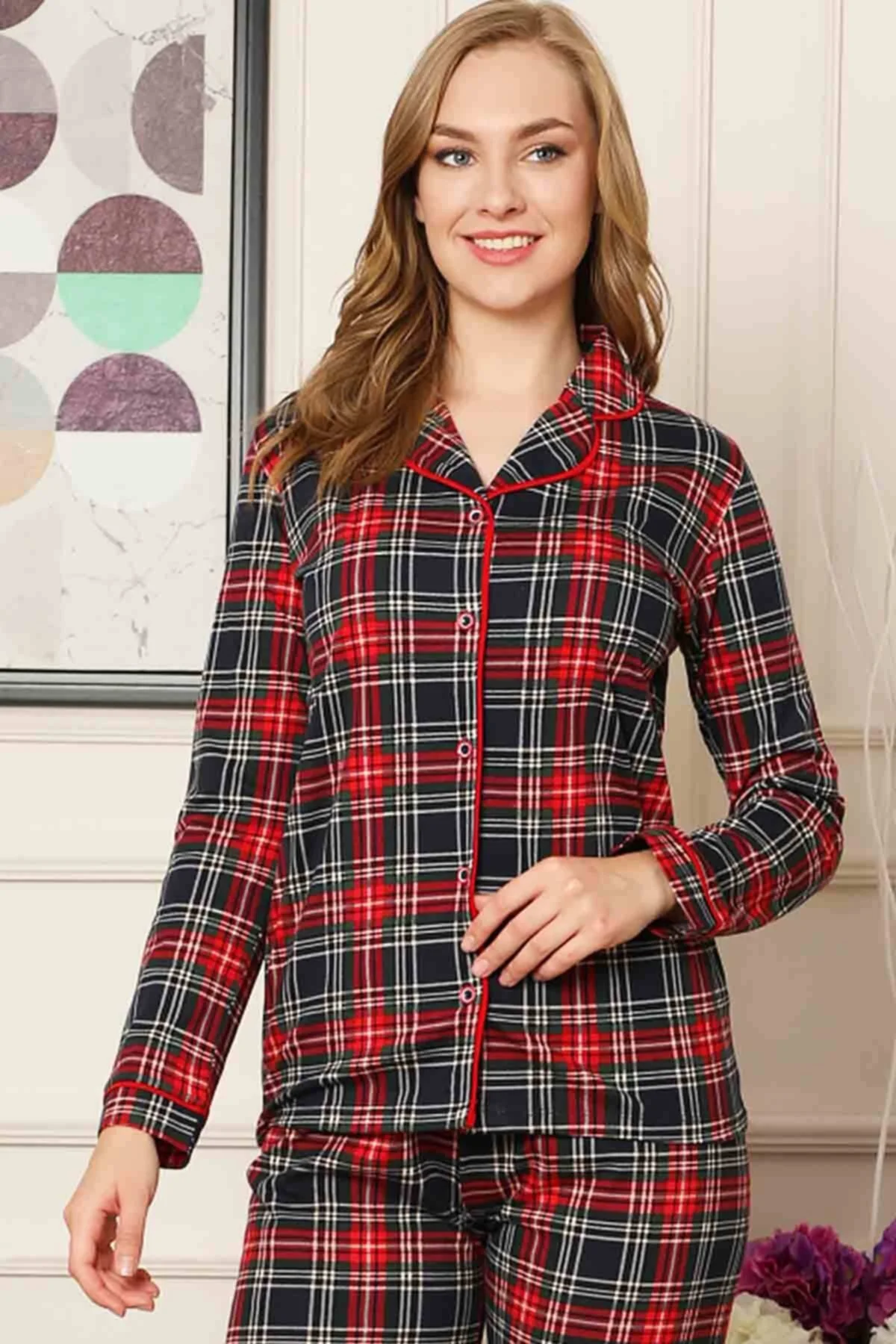 Dreamy Ekoseli Pamuklu Biyeli  Uzun Kollu Gömlek Pijama Takımı, Siyah-Kırmızı, XXL Fiyatı, Yorumları ve Özellikleri