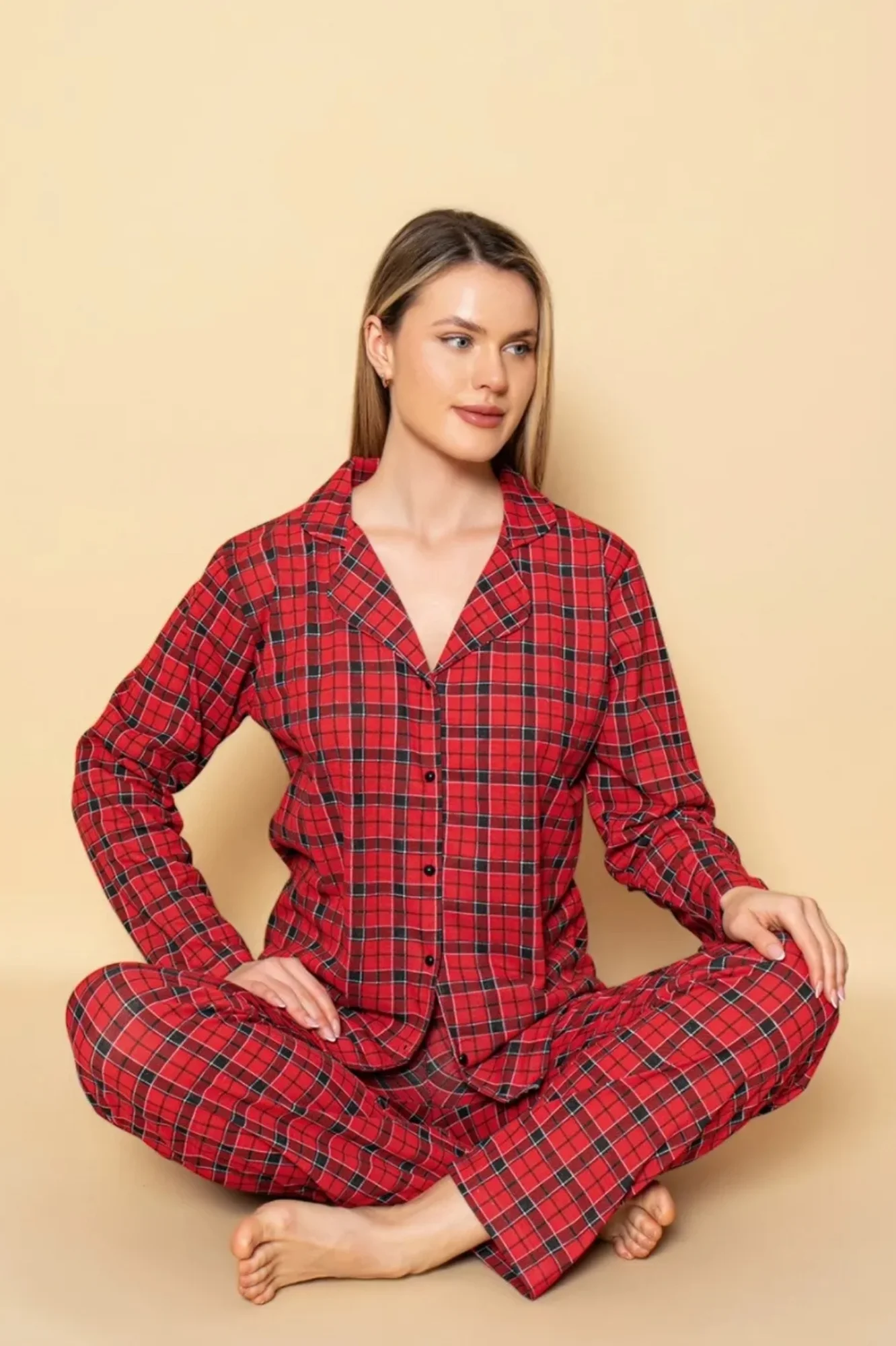 Dreamy Ekoseli Pamuklu Biyeli  Uzun Kollu Gömlek Pijama Takımı, Kırmızı, XL