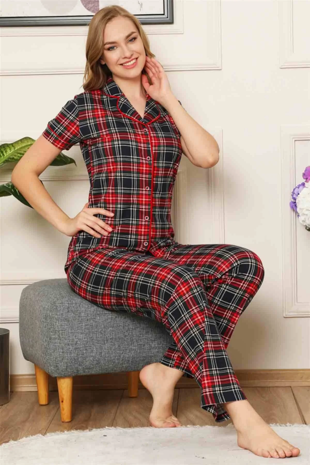 Dreamy Ekoseli Pamuklu Biyeli Kısa Kollu Gömlek Pijama Takımı, Koyu, L