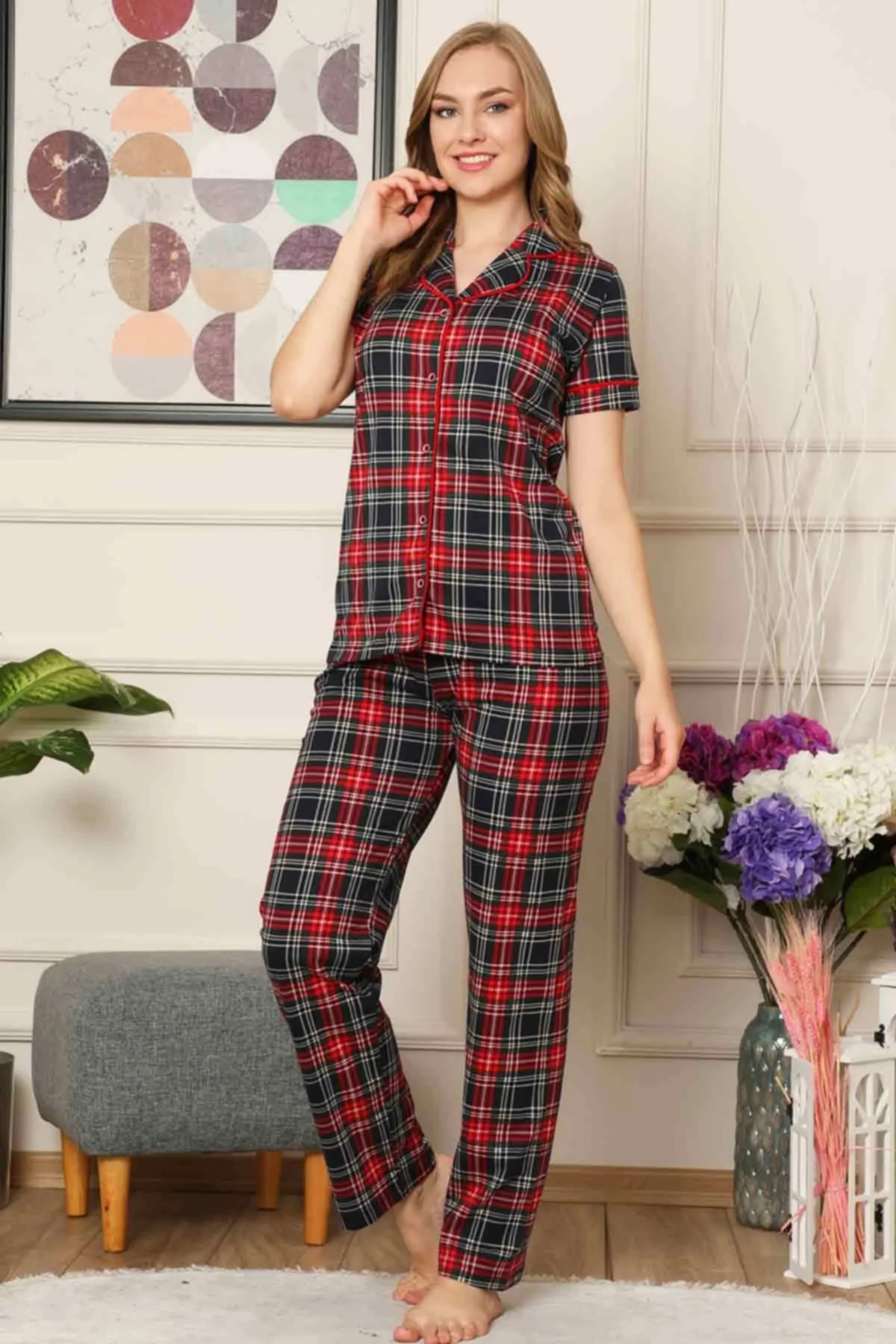 Dreamy Ekoseli Pamuklu Biyeli Kısa Kollu Gömlek Pijama Takımı, Koyu, L