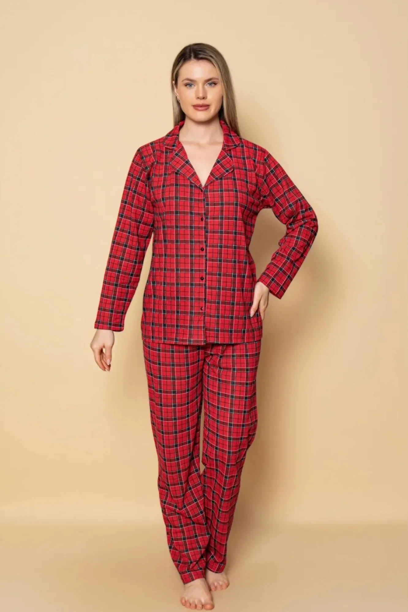 Dreamy Ekoseli Pamuklu Biyeli  Uzun Kollu Gömlek Pijama Takımı, Kırmızı, XL