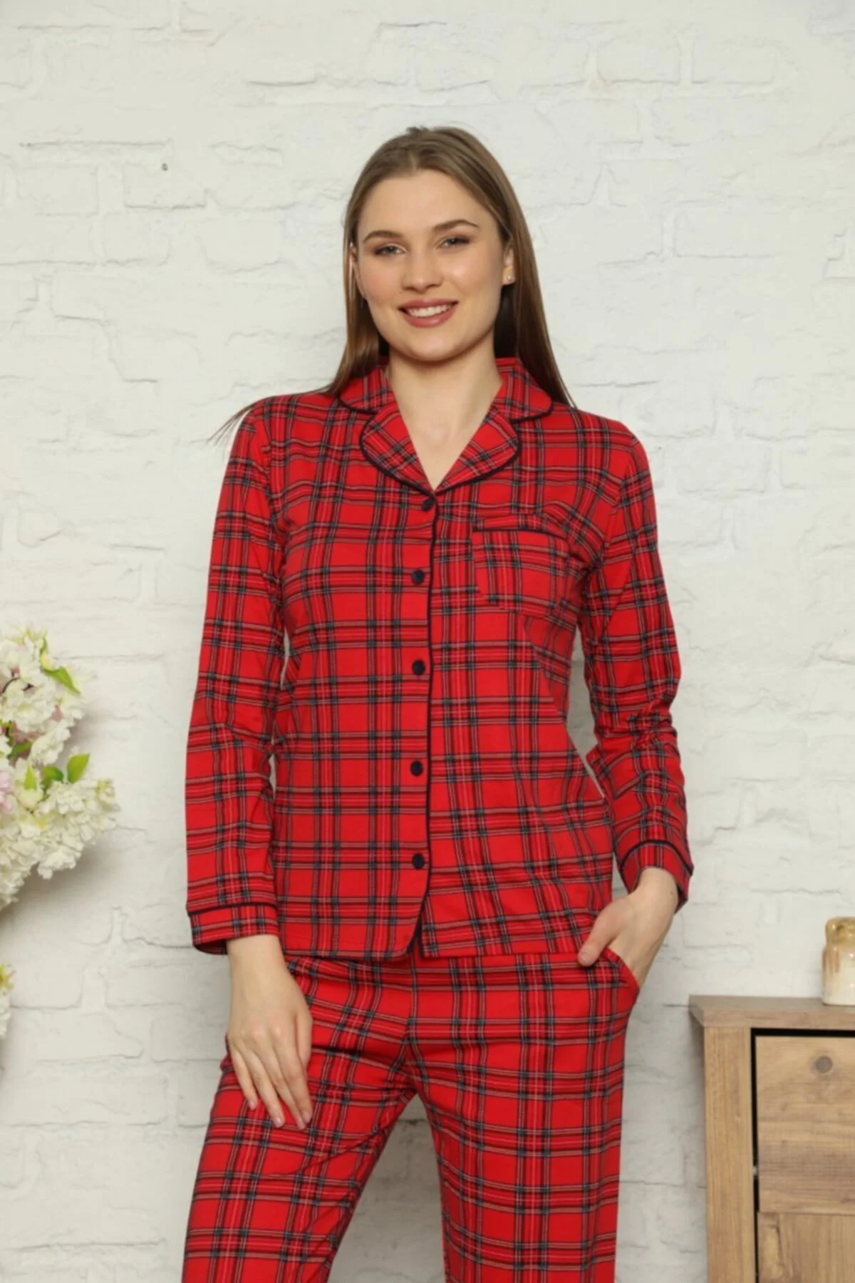 Dreamy Ekoseli Pamuklu Biyeli  Uzun Kollu Gömlek Pijama Takımı, Kırmızı, XL