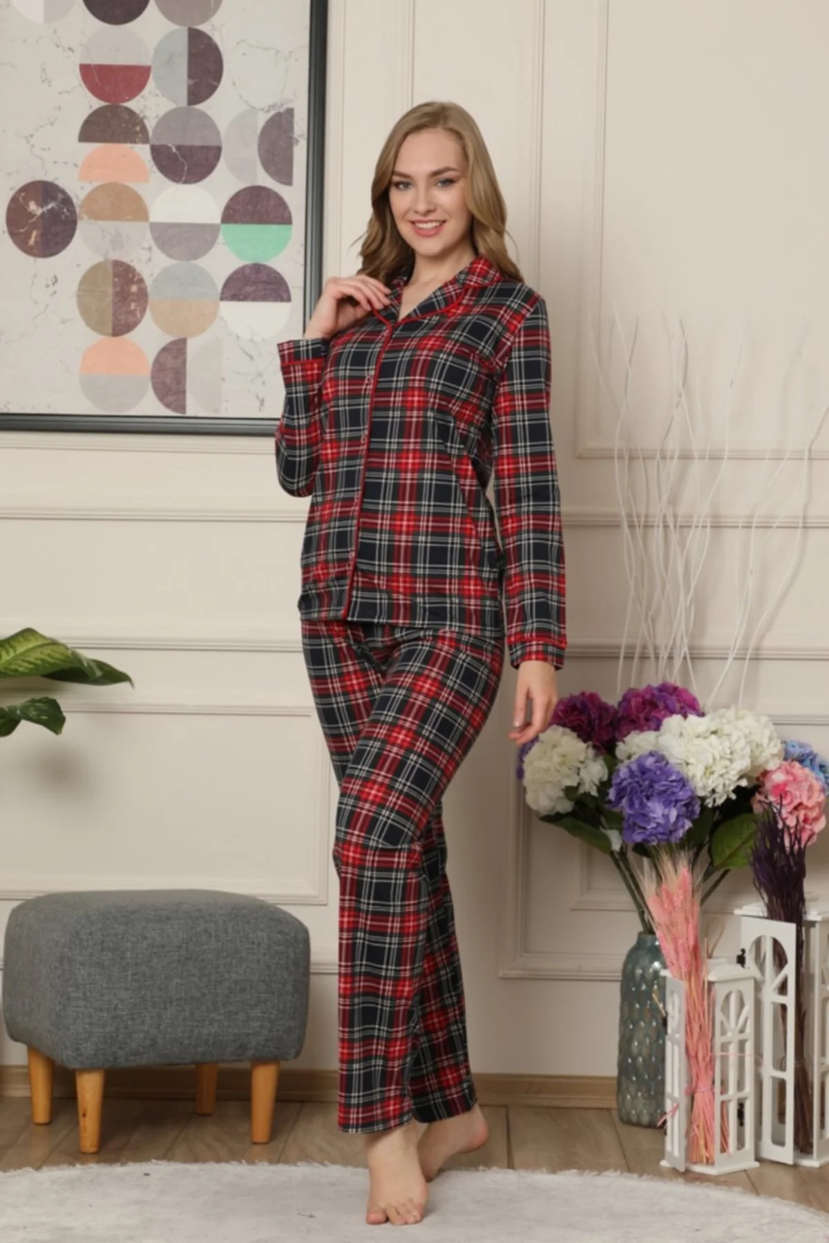 Dreamy Ekoseli Pamuklu Biyeli  Uzun Kollu Gömlek Pijama Takımı, Siyah-Kırmızı, XXL Fiyatı, Yorumları ve Özellikleri