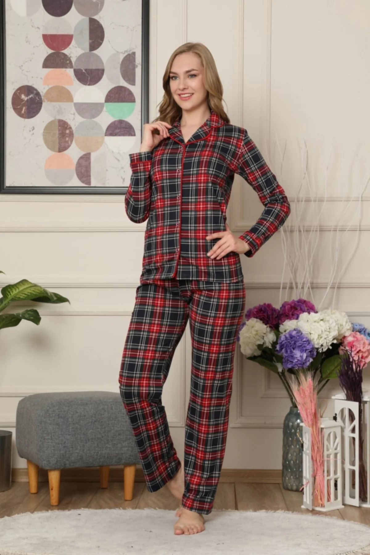Dreamy Ekoseli Pamuklu Biyeli  Uzun Kollu Gömlek Pijama Takımı, Siyah-Kırmızı, XXL Fiyatı, Yorumları ve Özellikleri