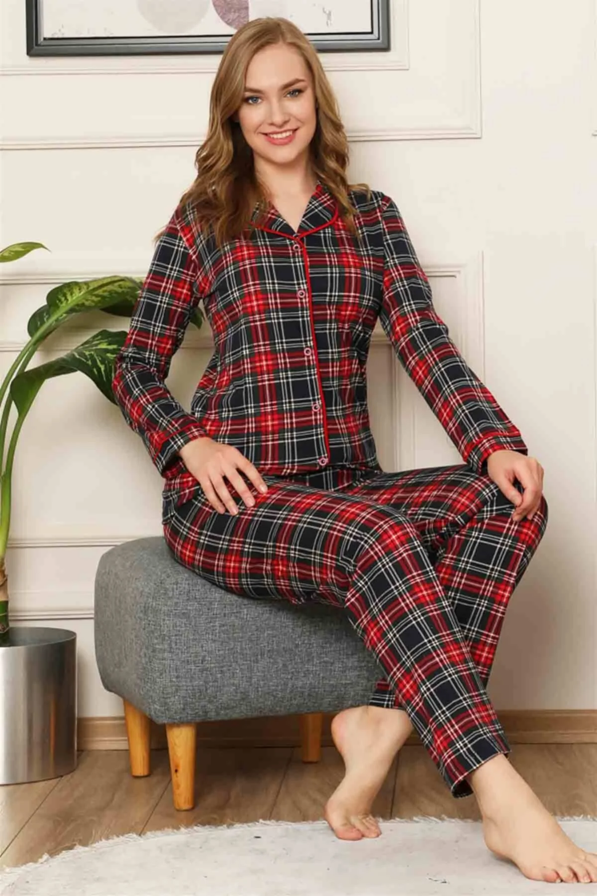 Dreamy Ekoseli Pamuklu Biyeli  Uzun Kollu Gömlek Pijama Takımı, Siyah-Kırmızı, XL Fiyatı, Yorumları ve Özellikleri