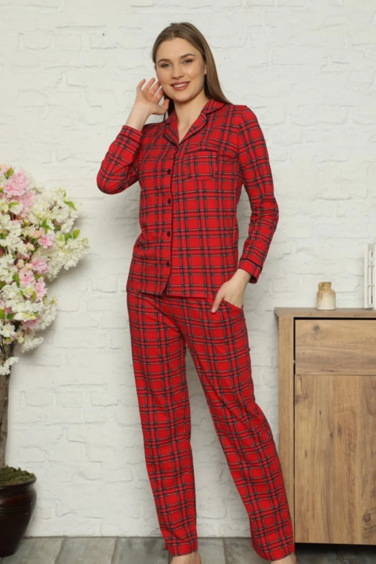 Dreamy Ekoseli Pamuklu Biyeli  Uzun Kollu Gömlek Pijama Takımı, Kırmızı, XL