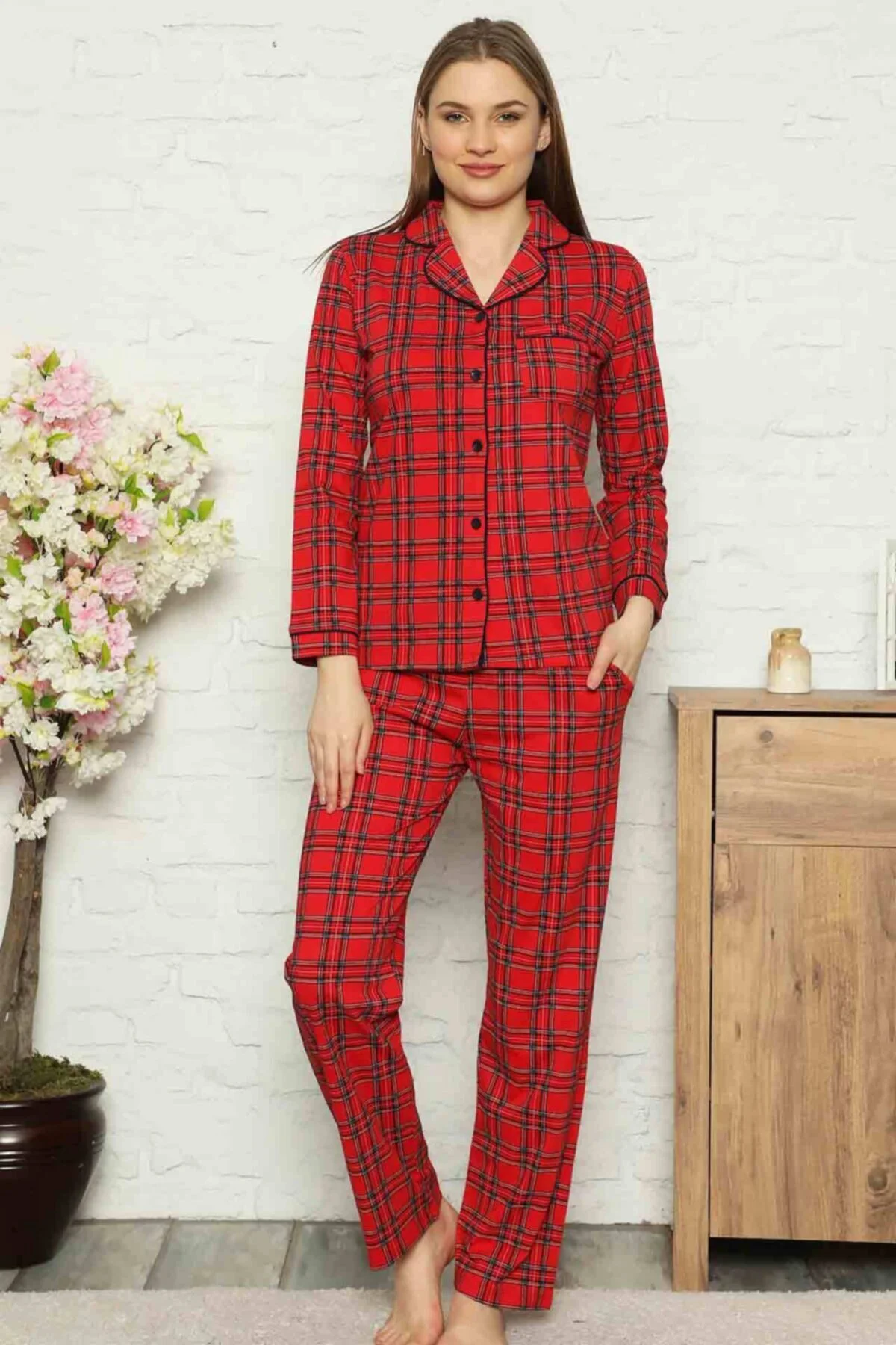 Dreamy Ekoseli Pamuklu Biyeli  Uzun Kollu Gömlek Pijama Takımı, Kırmızı, XL