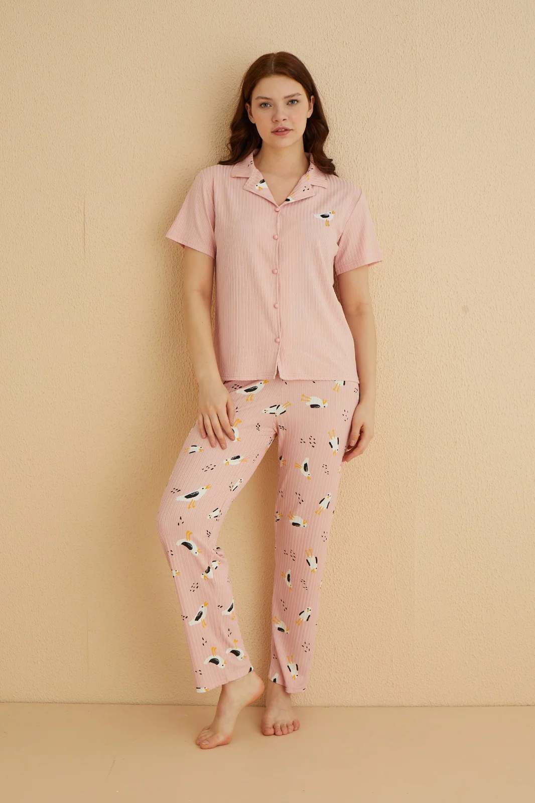 Dreamy İpeksi Kaşkorse Martı Desenli Kısa Kollu Gömlek Pijama Takımı, Pembe, XL
