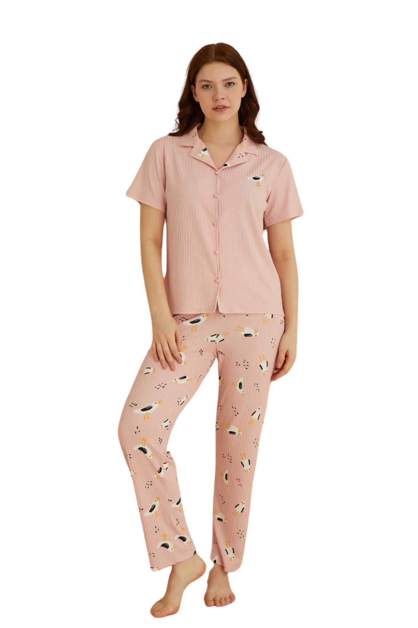 Dreamy İpeksi Kaşkorse Martı Desenli Kısa Kollu Gömlek Pijama Takımı, Pembe, XL