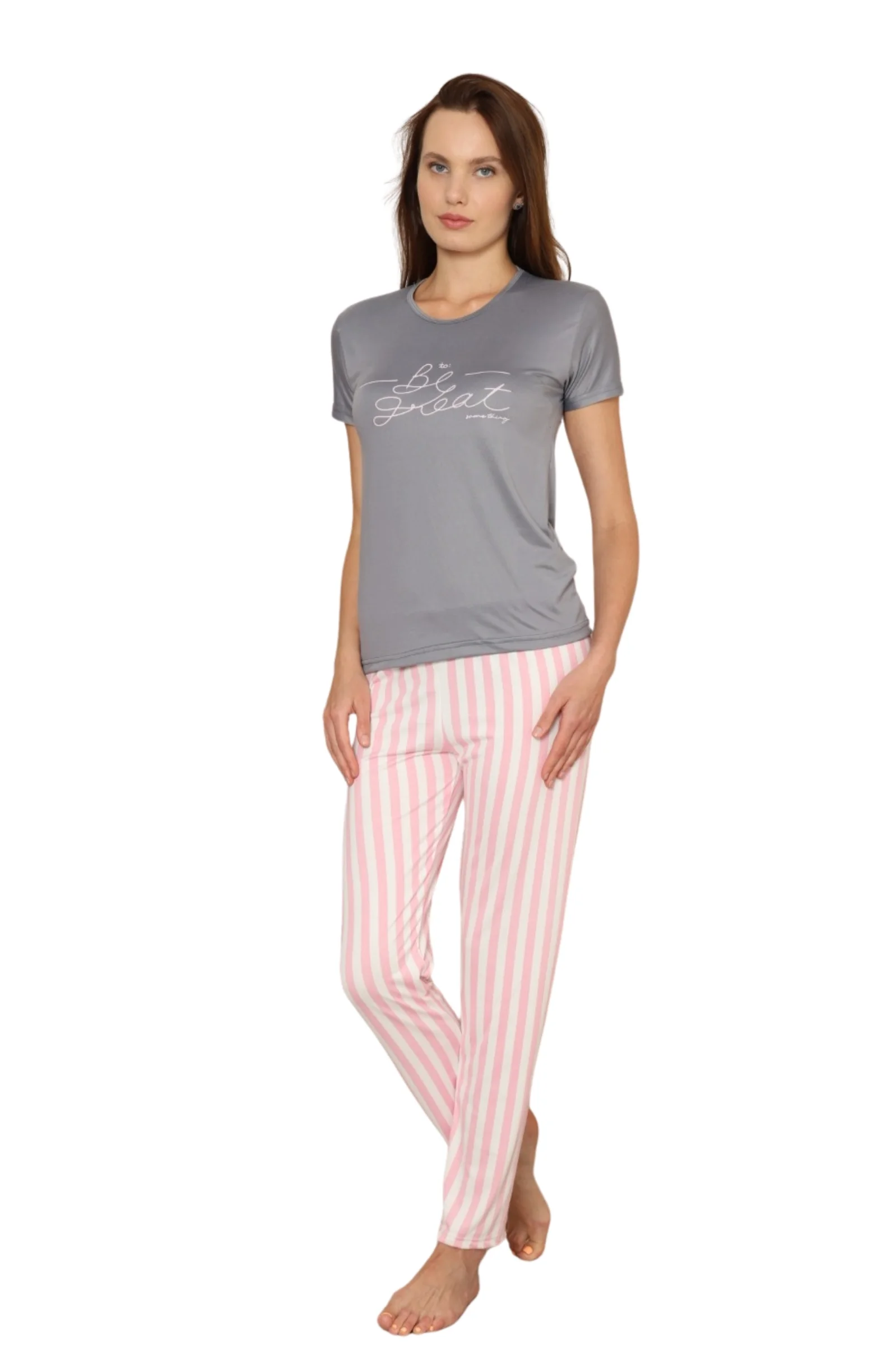 Dreamy Milan Bambu Likralı Desenli Kısa Kollu Pijama Takımı, Gri, XL
