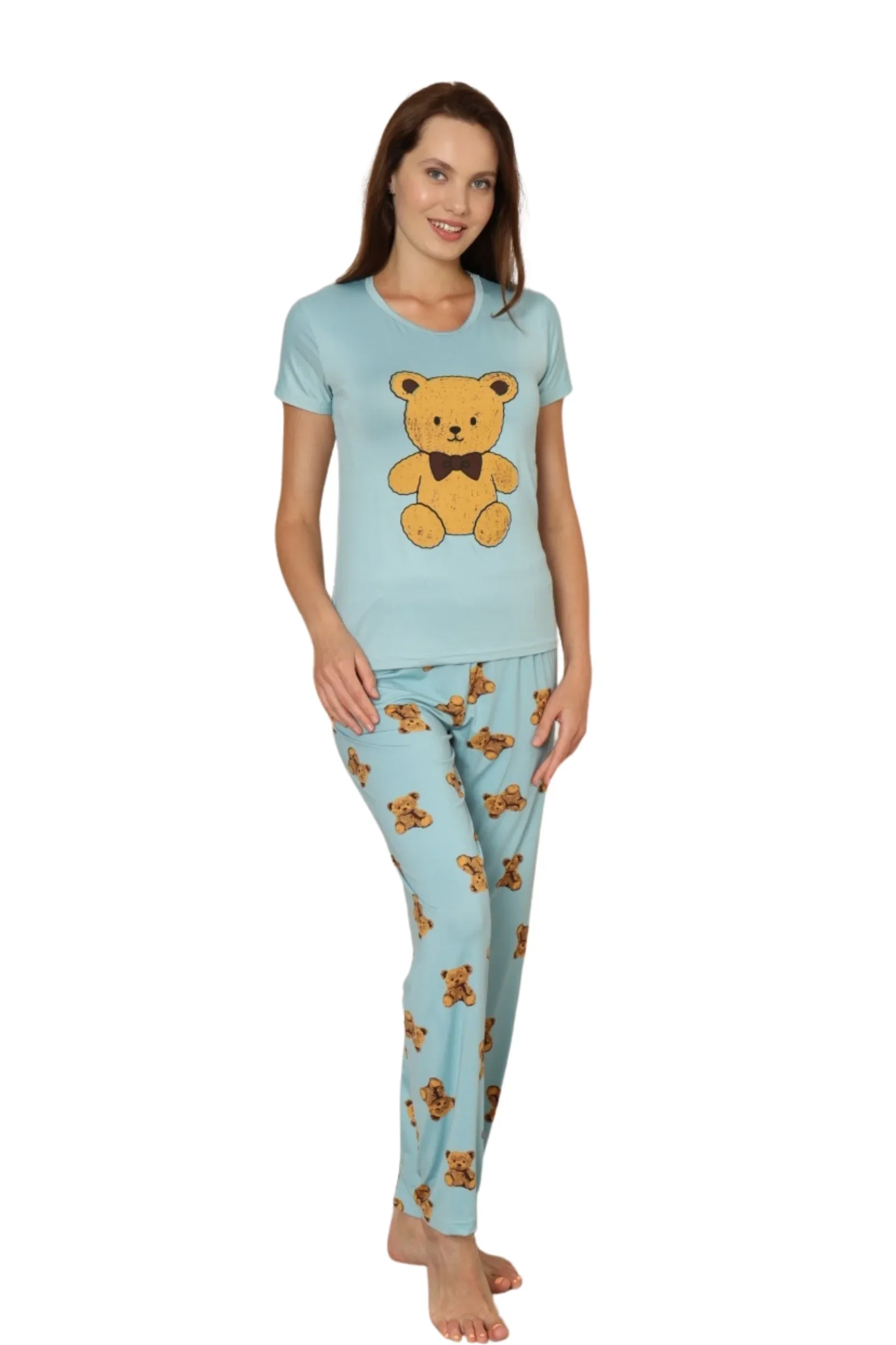Dreamy Milan Bambu Likralı Desenli Kısa Kollu Pijama Takımı, Mavi, 2XL - Görsel 4