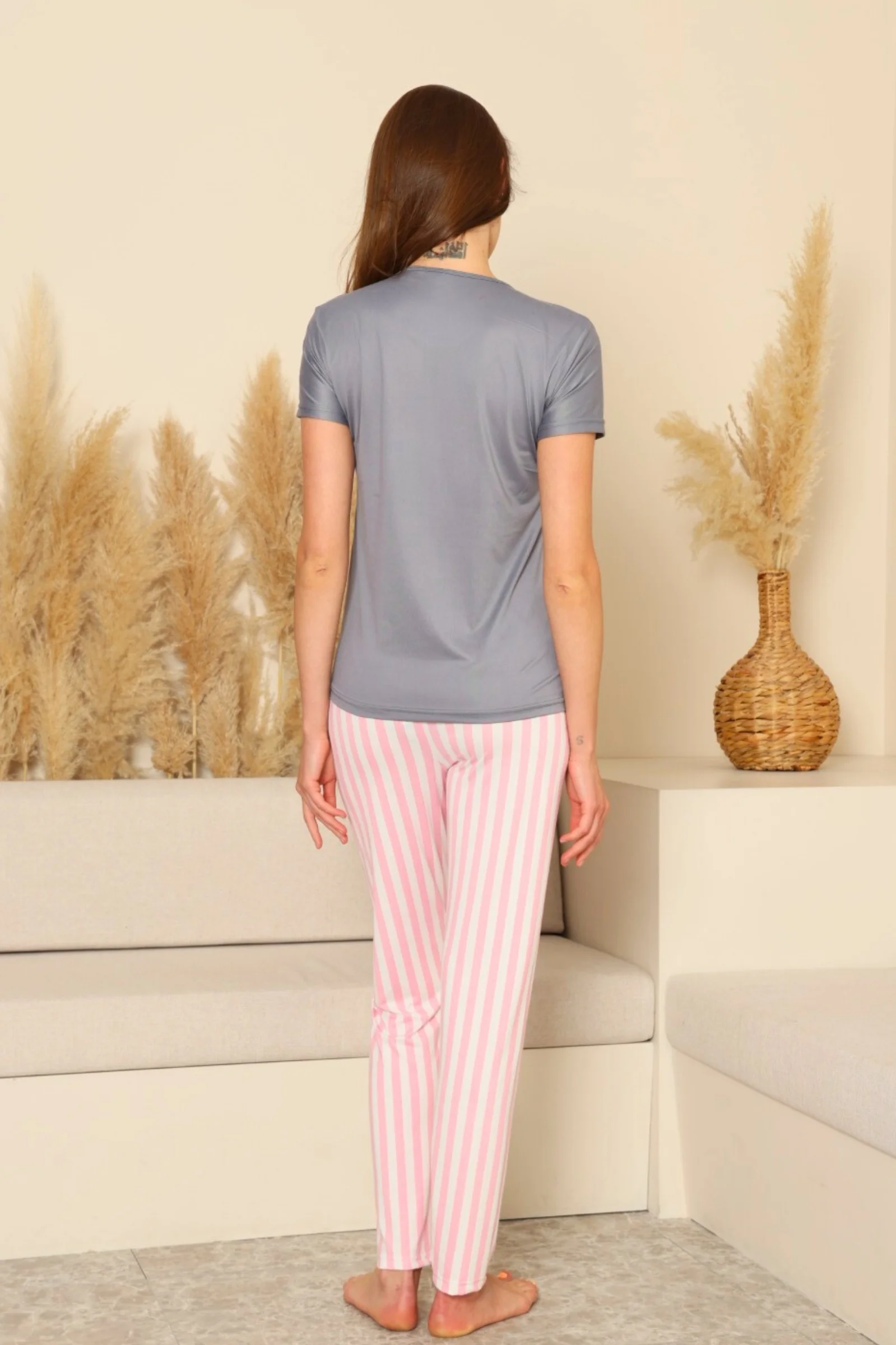 Dreamy Milan Bambu Likralı Desenli Kısa Kollu Pijama Takımı, Gri, XL