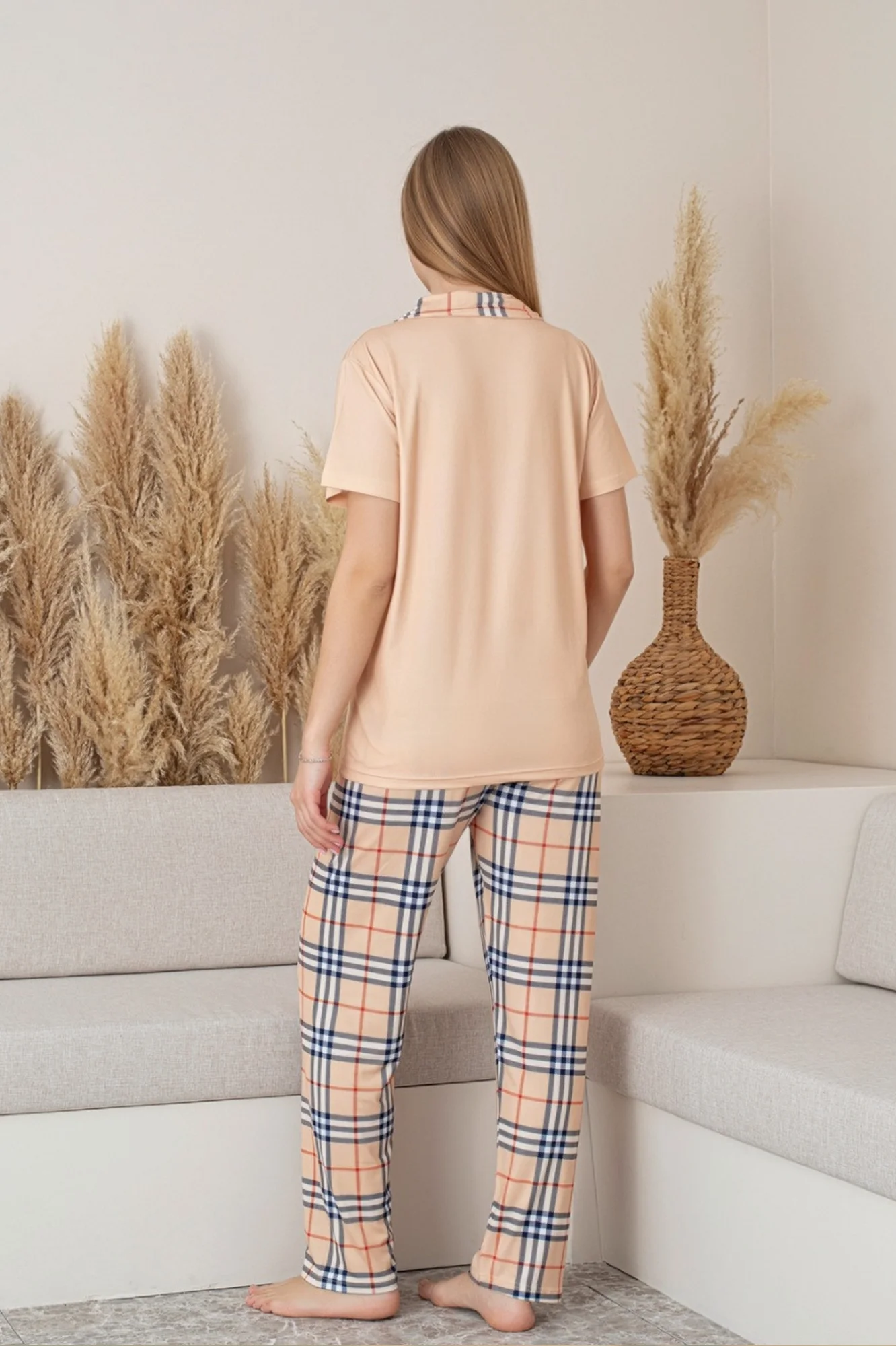 Dreamy Milan Kısa Kollu Ekose Kareli Düğmeli Gömlek Pijama Takımı, Somon, M
