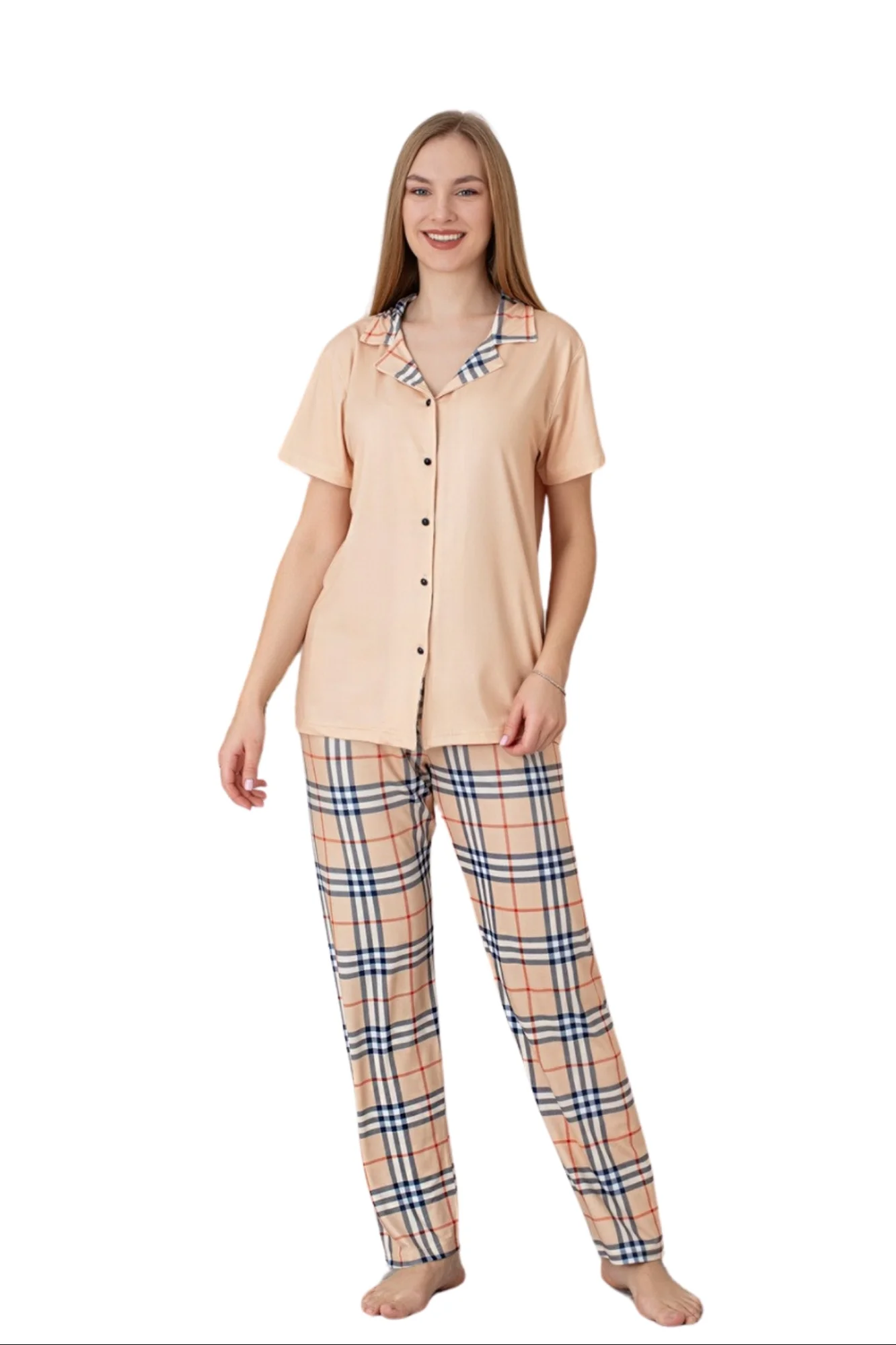 Dreamy Milan Kısa Kollu Ekose Kareli Düğmeli Gömlek Pijama Takımı, Somon, M