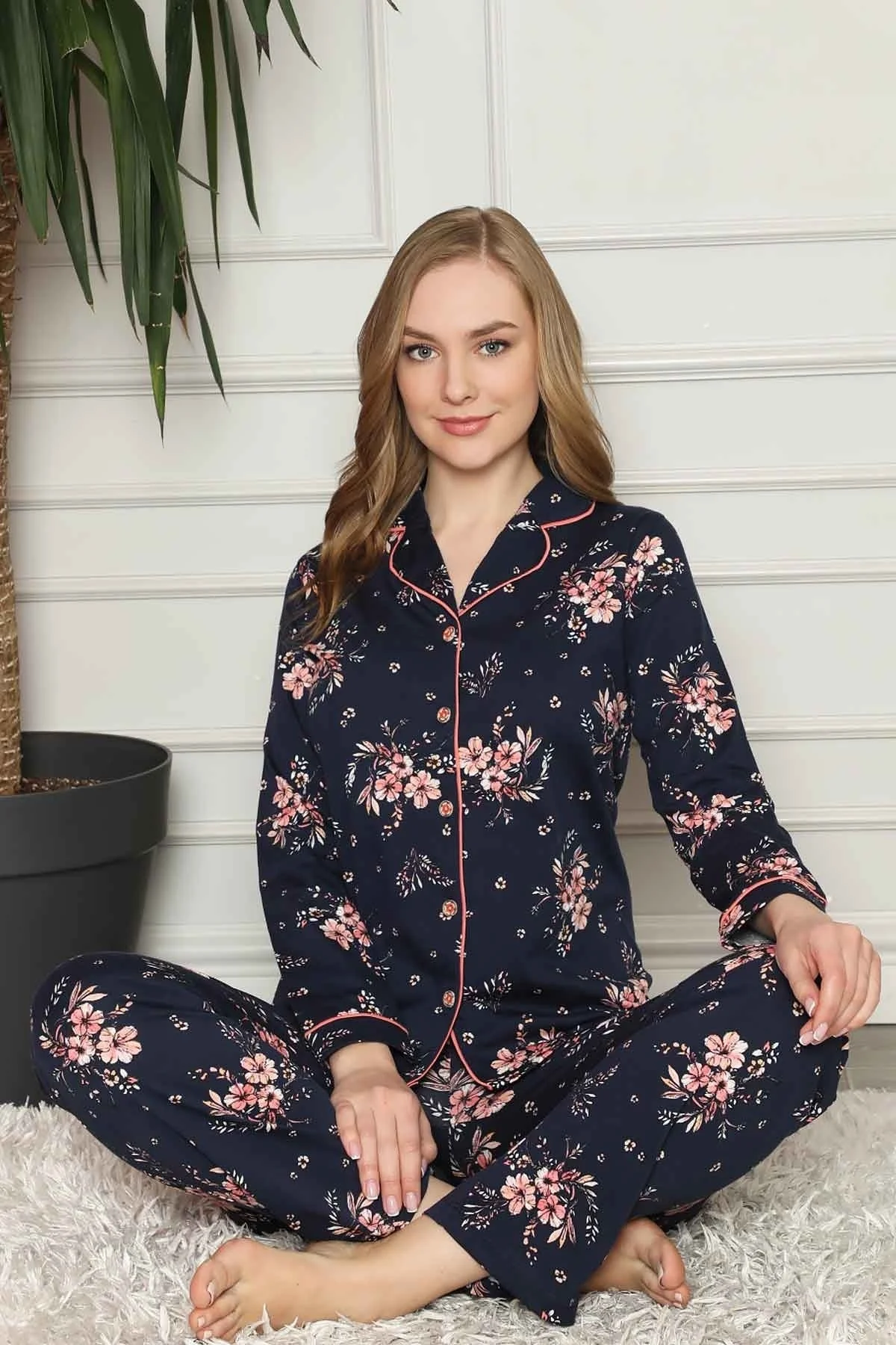Dreamy Pamuklu Biyeli Çiçek Desenli Gömlek Pijama Takımı, Lacivert, L