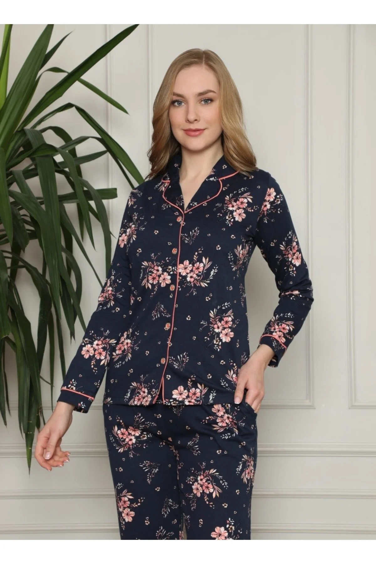 Dreamy Pamuklu Biyeli Çiçek Desenli Gömlek Pijama Takımı, Lacivert, L