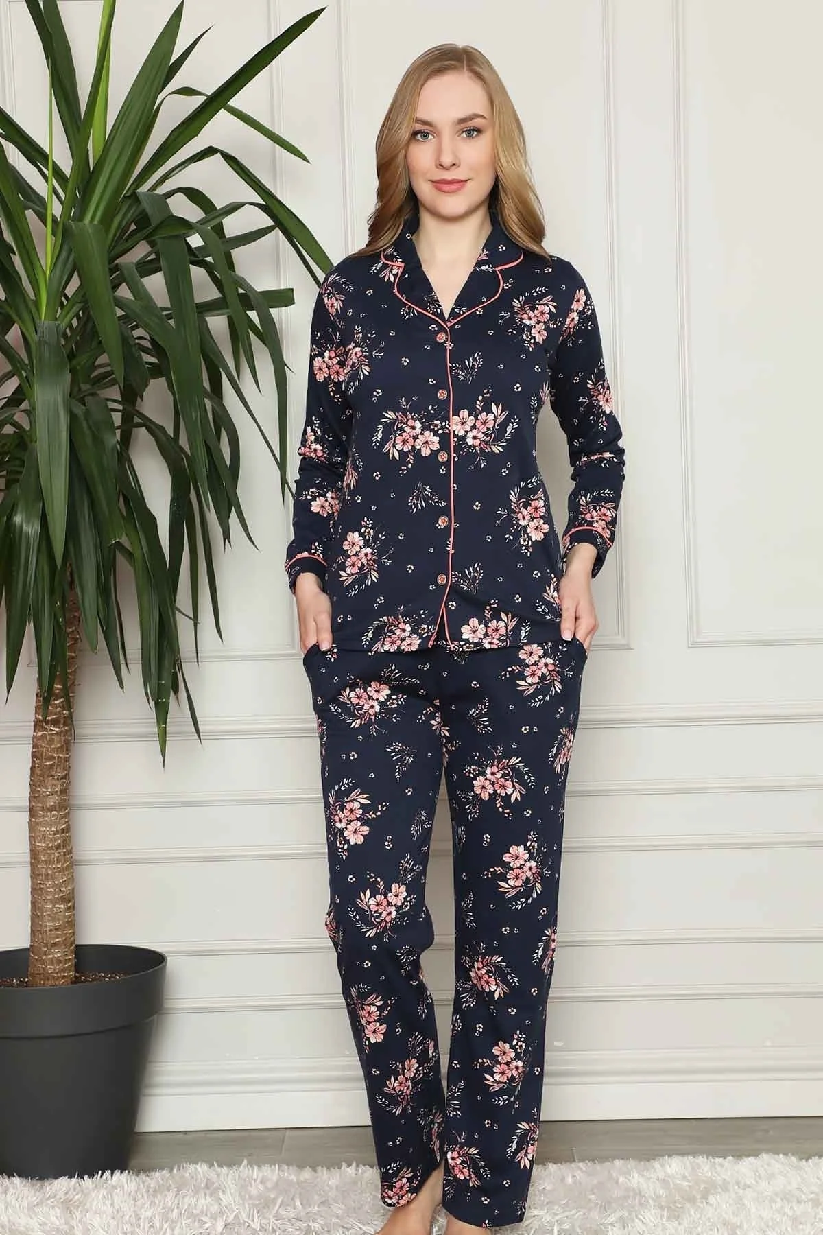 Dreamy Pamuklu Biyeli Çiçek Desenli Gömlek Pijama Takımı, Lacivert, L