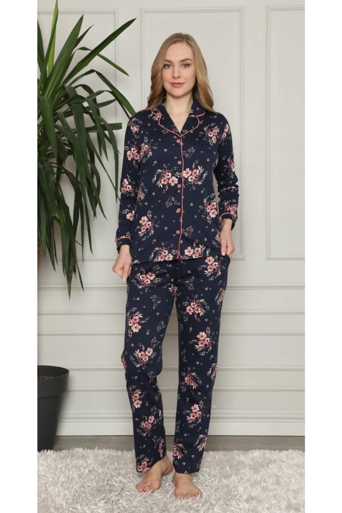 Dreamy Pamuklu Biyeli Çiçek Desenli Gömlek Pijama Takımı, Lacivert, L
