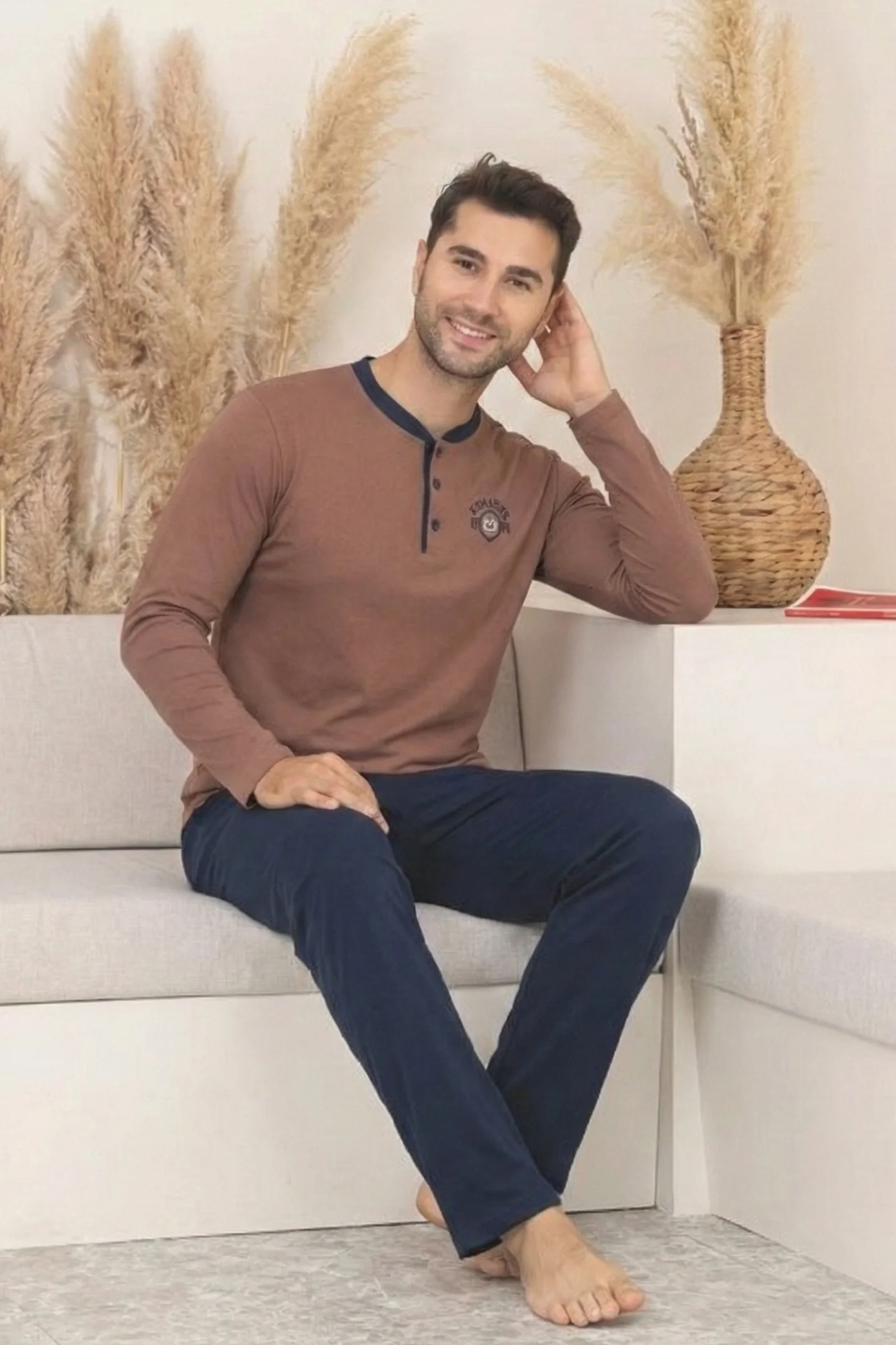 Dreamy Pamuklu Cepli Düğmeli Yaka Uzun Kollu Örme Erkek Pijama Takımı, Kahverengi, M Fiyatı, Yorumları ve Özellikleri