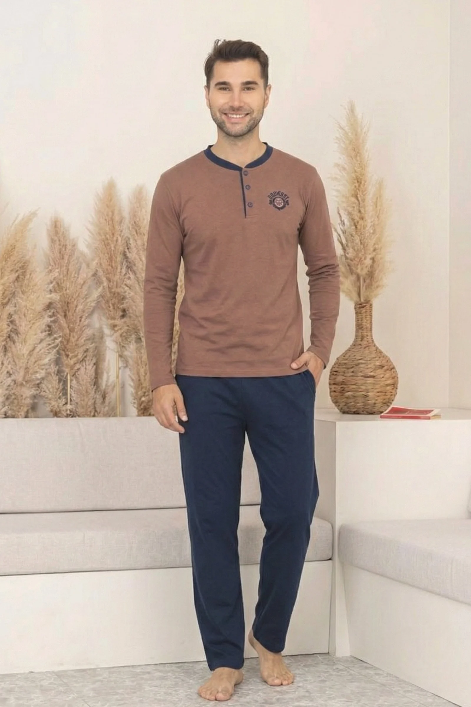 Dreamy Pamuklu Cepli Düğmeli Yaka Uzun Kollu Örme Erkek Pijama Takımı, Kahverengi, M Fiyatı, Yorumları ve Özellikleri