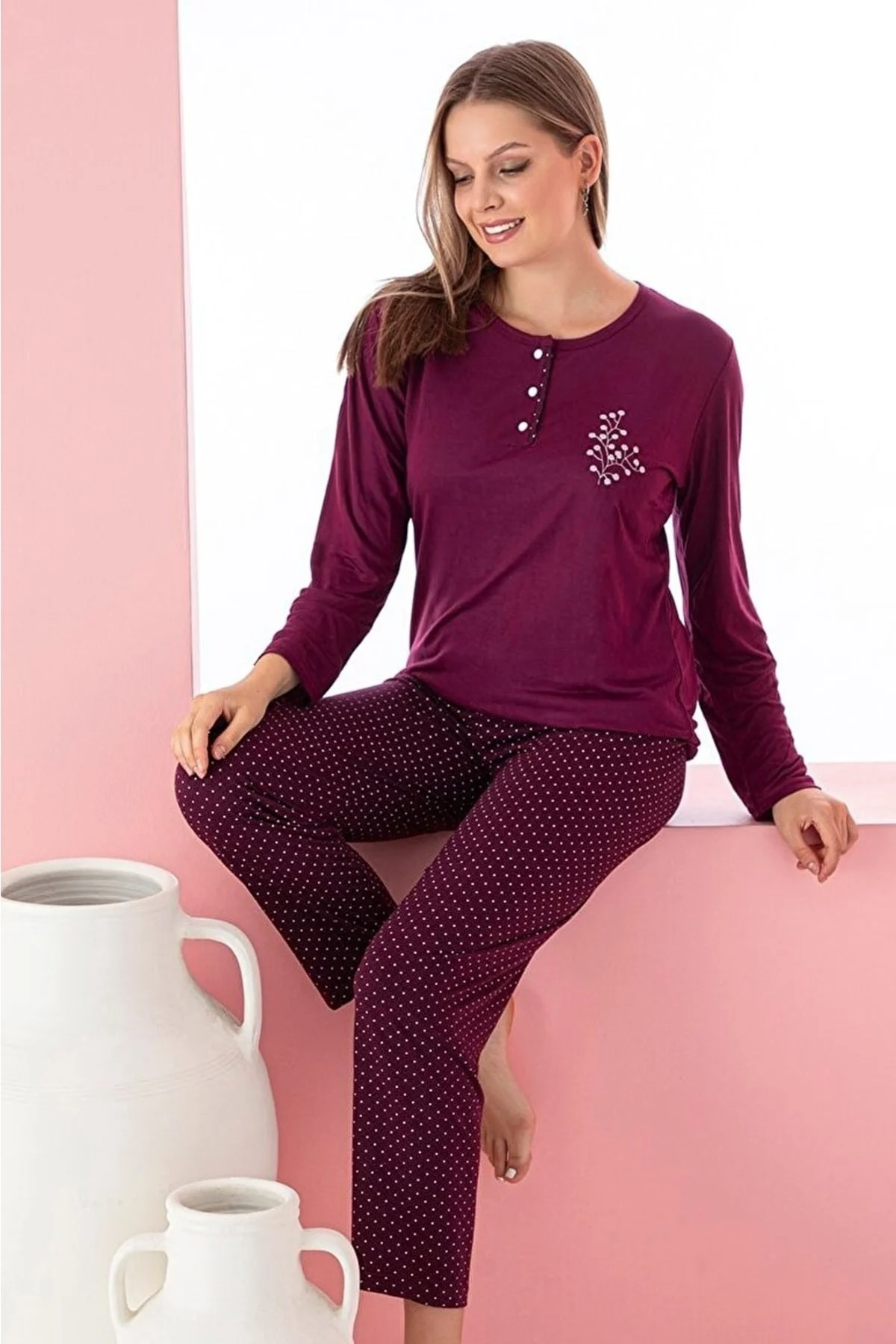 Dreamy Uzun Kollu Desenli Düğmeli Yaka Pijama Takımı, Mürdüm, M Fiyatı, Yorumları ve Özellikleri
