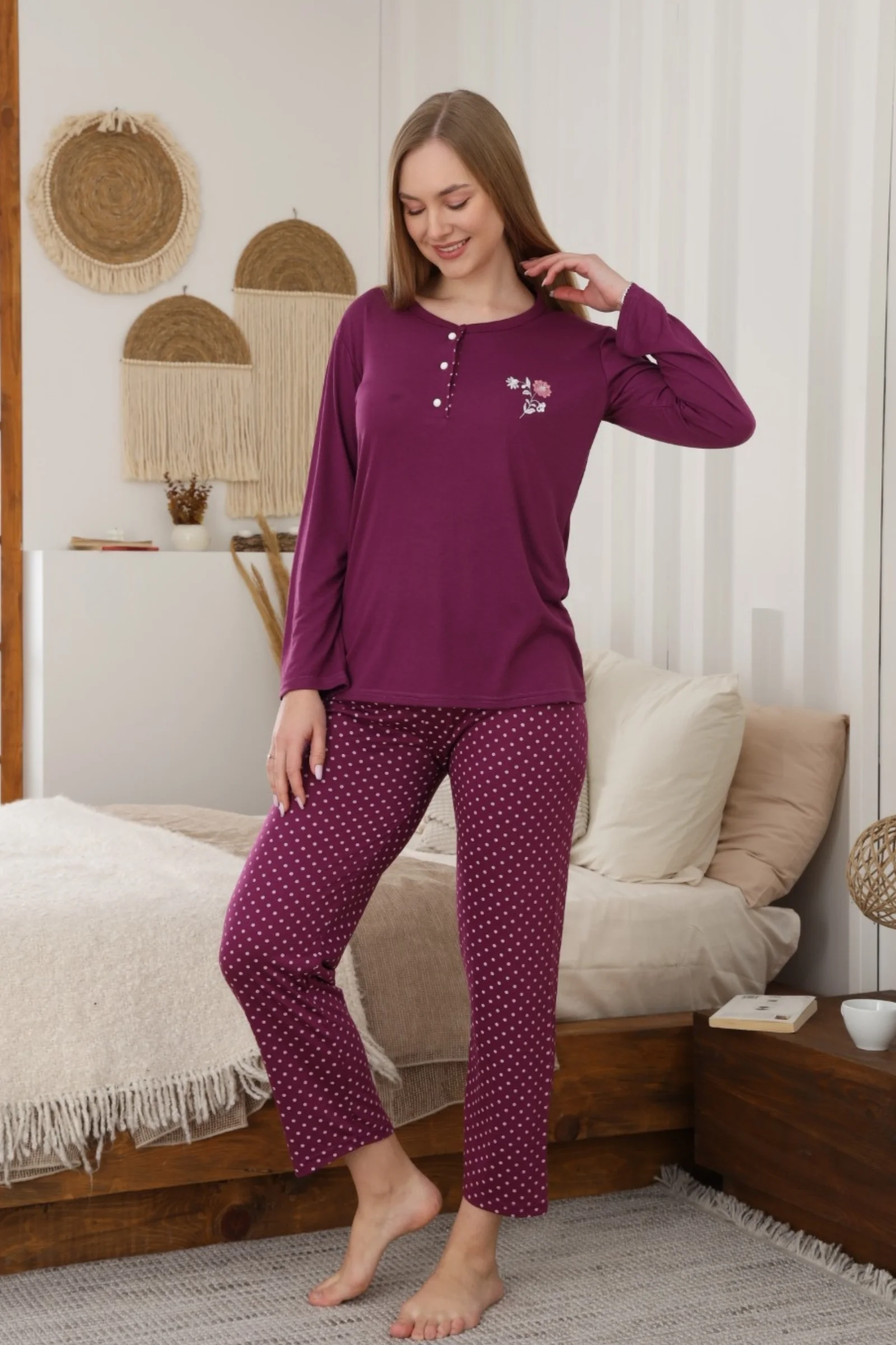 Dreamy Uzun Kollu Desenli Düğmeli Yaka Pijama Takımı, Mürdüm, M Fiyatı, Yorumları ve Özellikleri