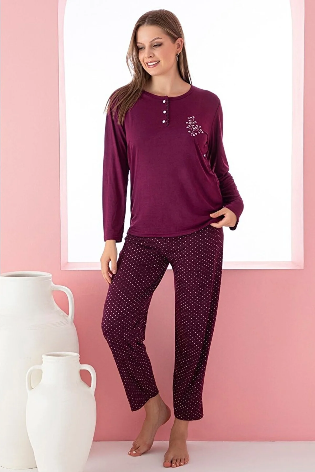 Dreamy Uzun Kollu Desenli Düğmeli Yaka Pijama Takımı, Mürdüm, M Fiyatı, Yorumları ve Özellikleri
