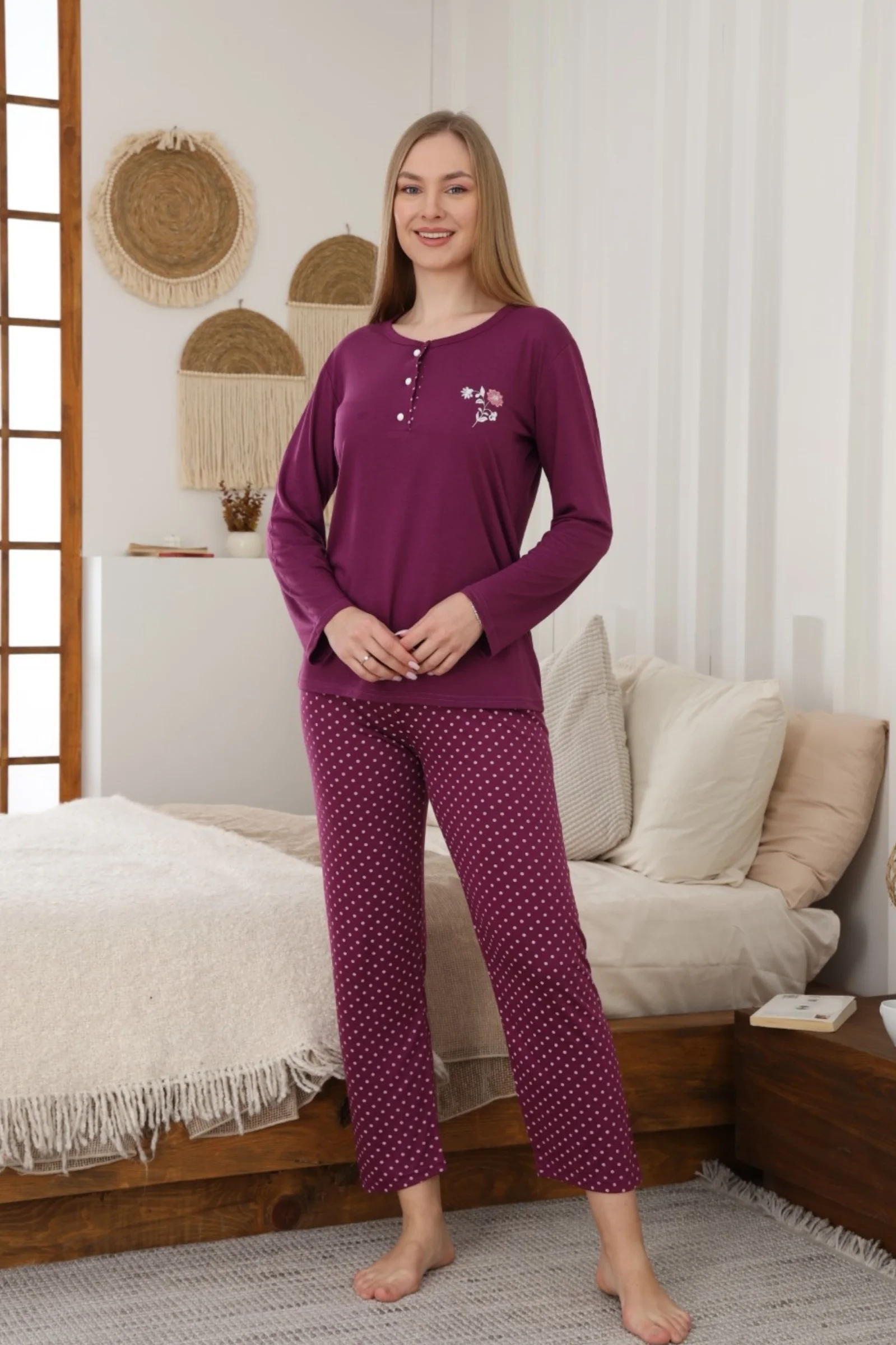 Dreamy Uzun Kollu Desenli Düğmeli Yaka Pijama Takımı, Mürdüm, M Fiyatı, Yorumları ve Özellikleri