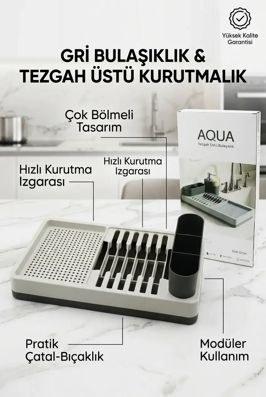 Drenajlı Gri Bulaşıklık Tezgah Üstü Tabak Bardak Kurutma Mutfak Düzenleyici