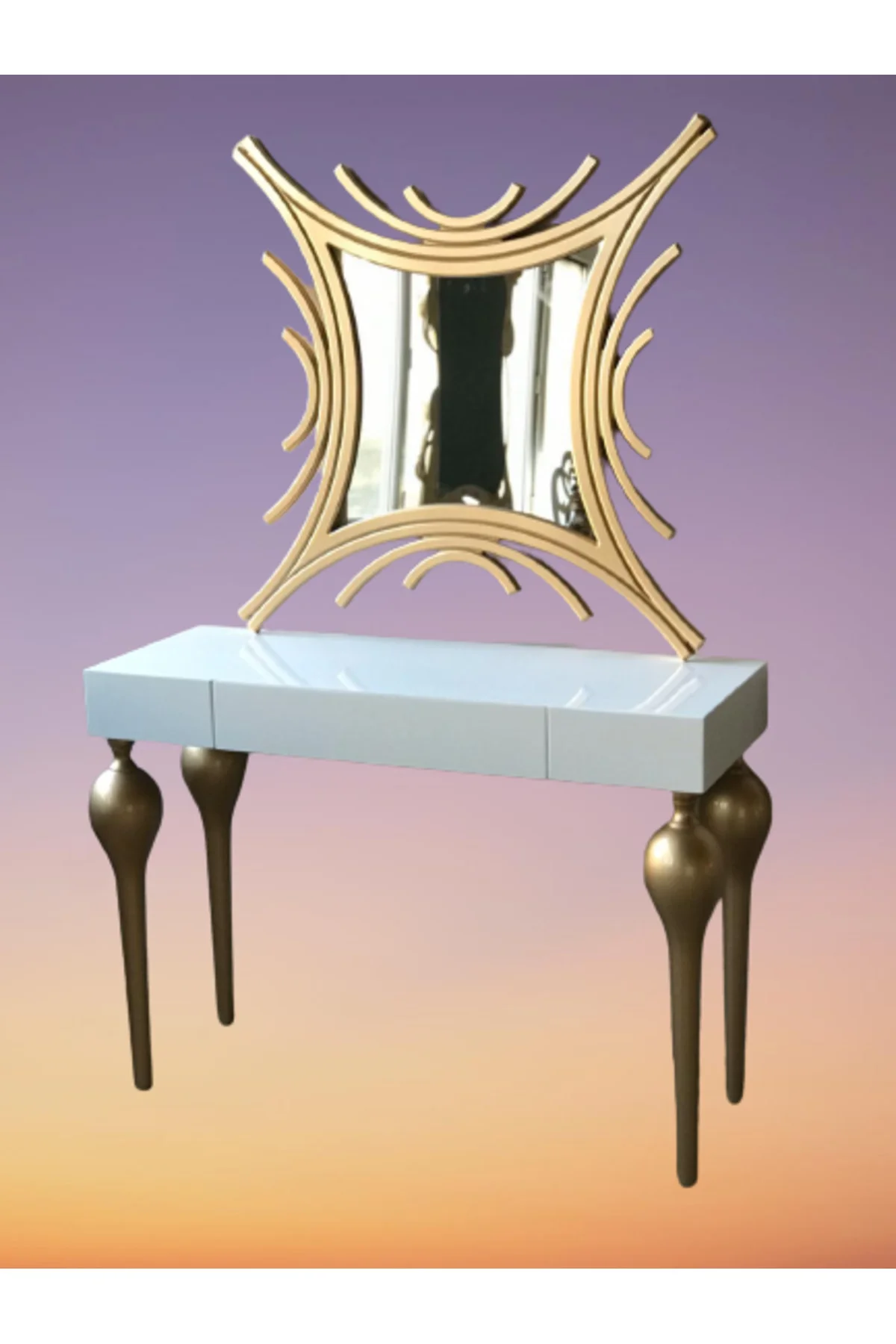 Dresuar 18468 TOMBUL model Kayın ayak MDF Çekmec tabla Parlak GOLD-beyaz uyum - Görsel 2
